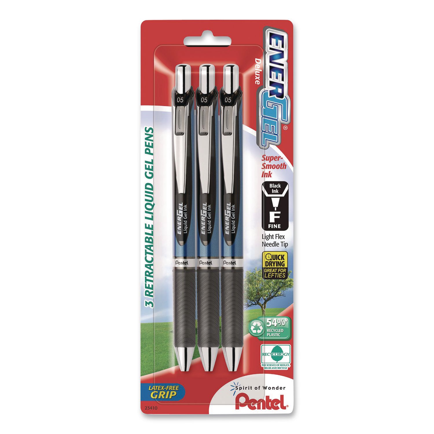 EnerGel RTX Gel Pen, Retractable, Fine 0.5 mm, Black Ink, Black/Blue Barrel, 3/Pack