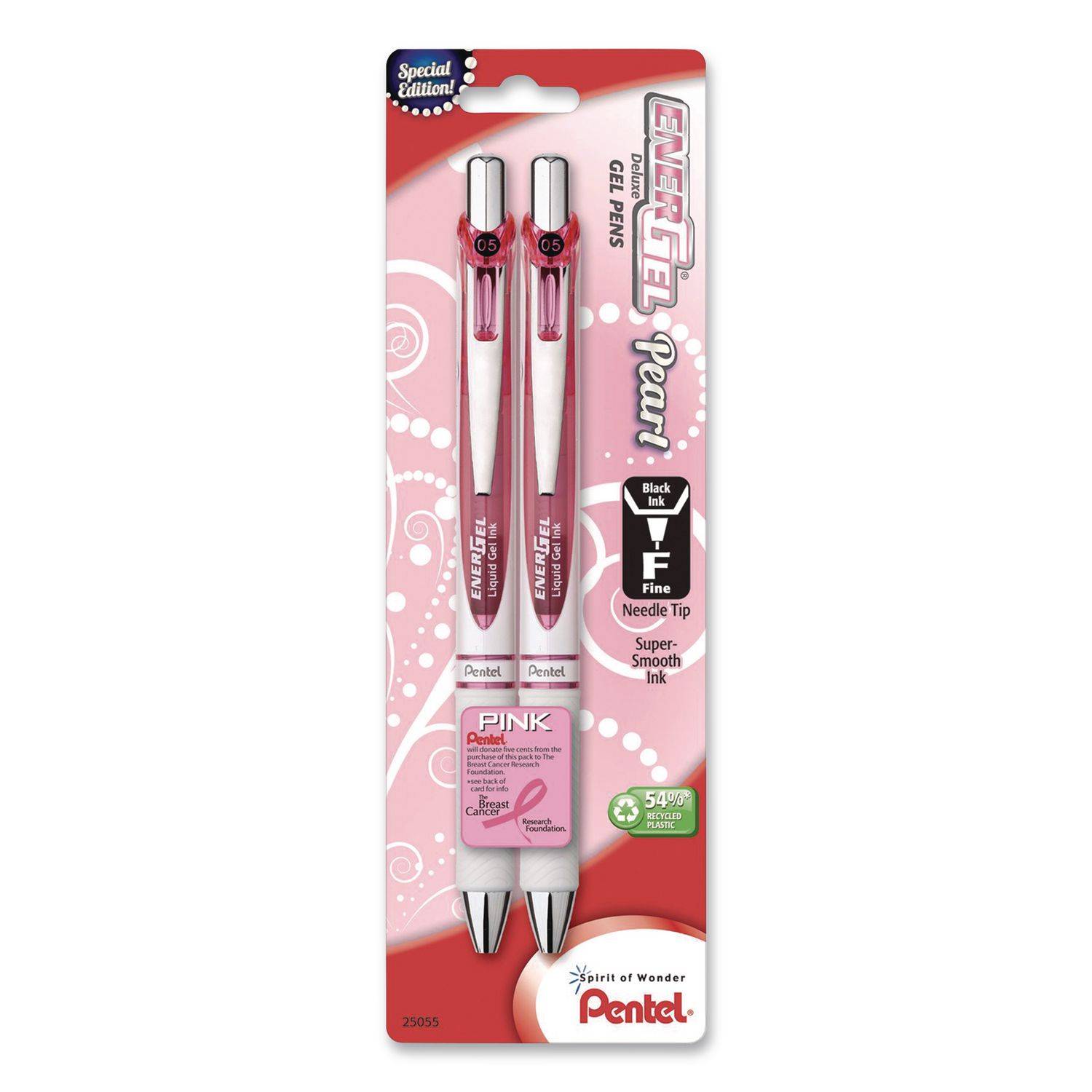 EnerGel Pearl Deluxe Pink Special Edition Liquid Gel Pen, Retractable, Fine 0.5mm, Black Ink, White Pearl/Pink Barrel, 2/Pack