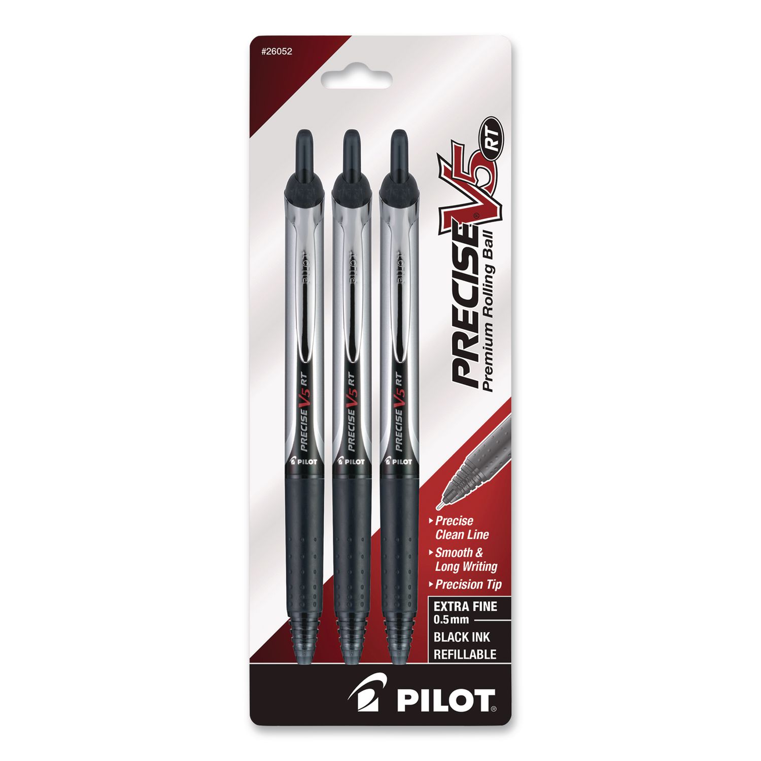 Precise V5RT Roller Ball Pen, Retractable, Extra-Fine 0.5 mm, Black Ink, Black/Silver Barrel, 3/Pack