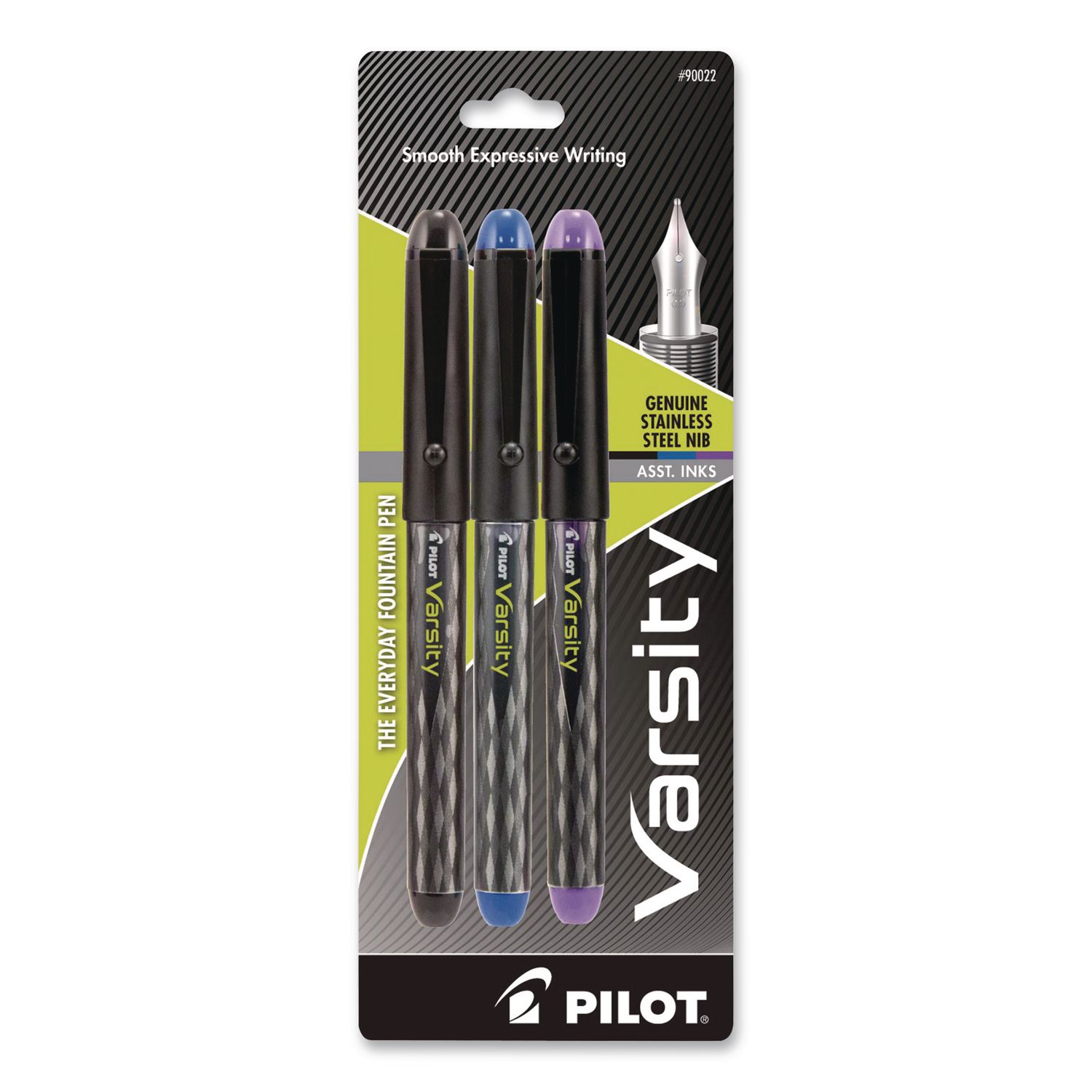 Varsity Fountain Pen, Medium 1 mm, Assorted Ink and Barrel Colors, 3/Pack