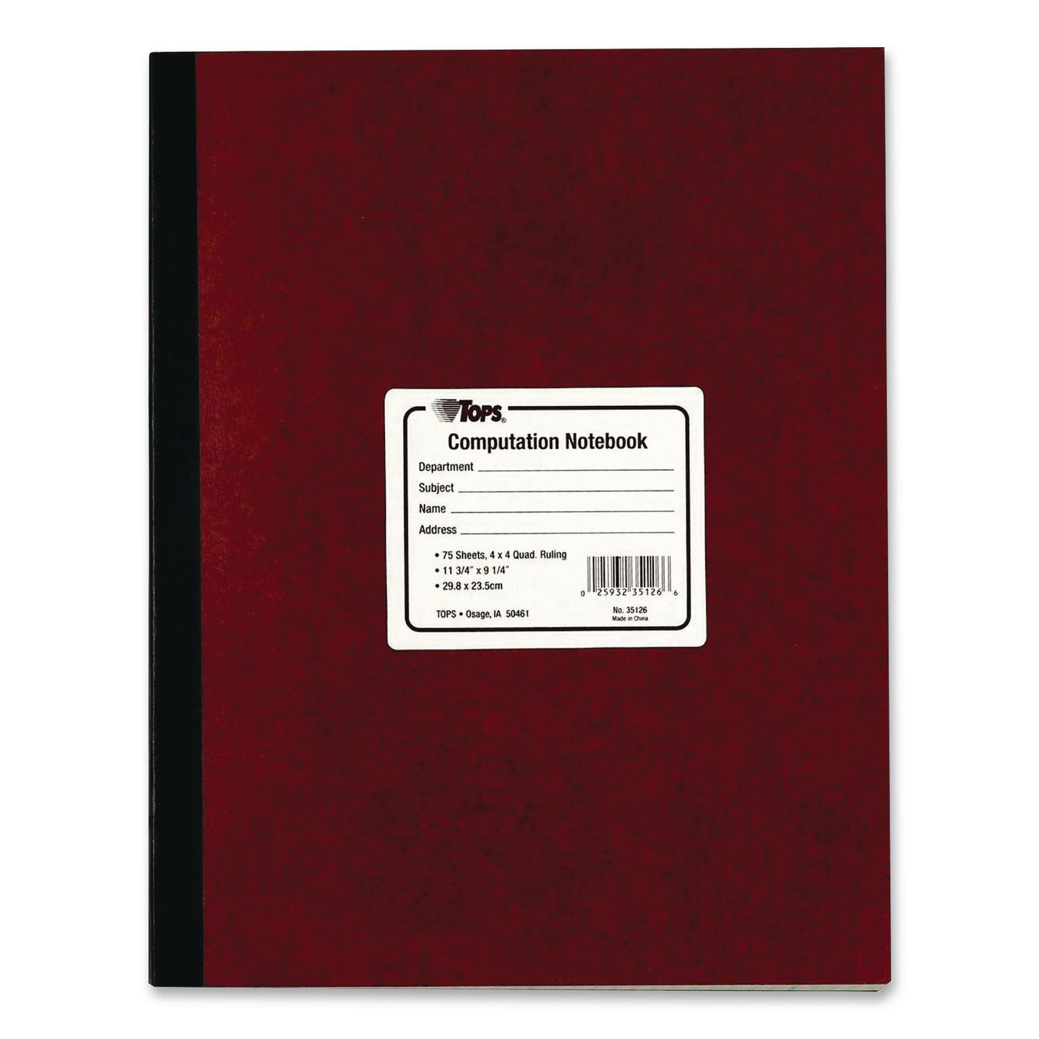 Computation Notebook, Quadrille Rule (4 sq/in), Red Cover, (75) 11.75 x 9.5 Sheets