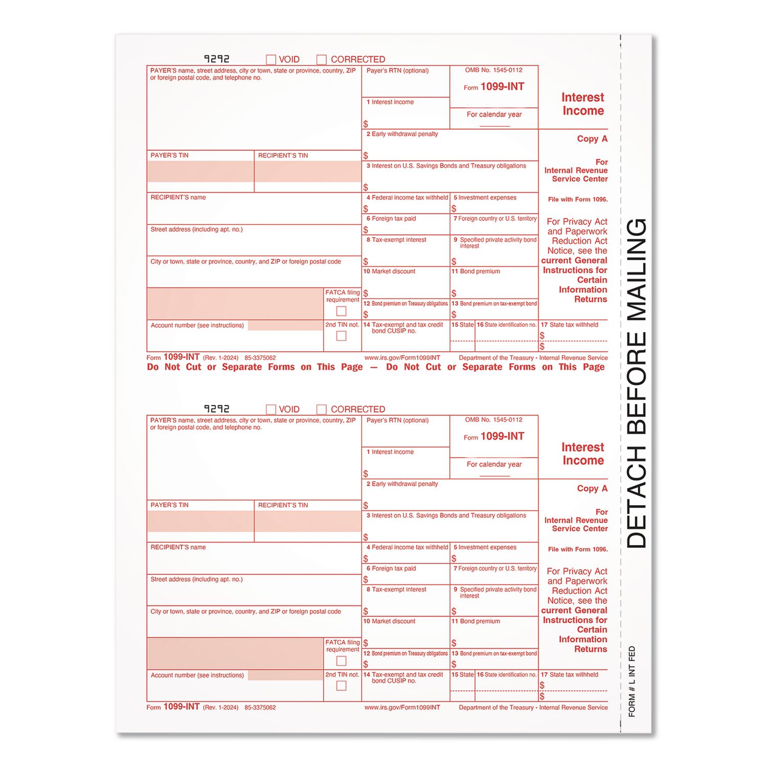 2024 1099 INT Interest Income Tax Form, 2 Forms/Sheet, 50 Forms Total