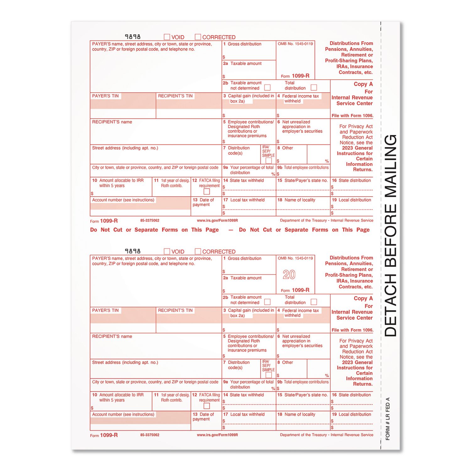 2023 1099-R Tax Form, 1 Part, Federal Copy, 2 Forms/Sheet, 50 Forms Total