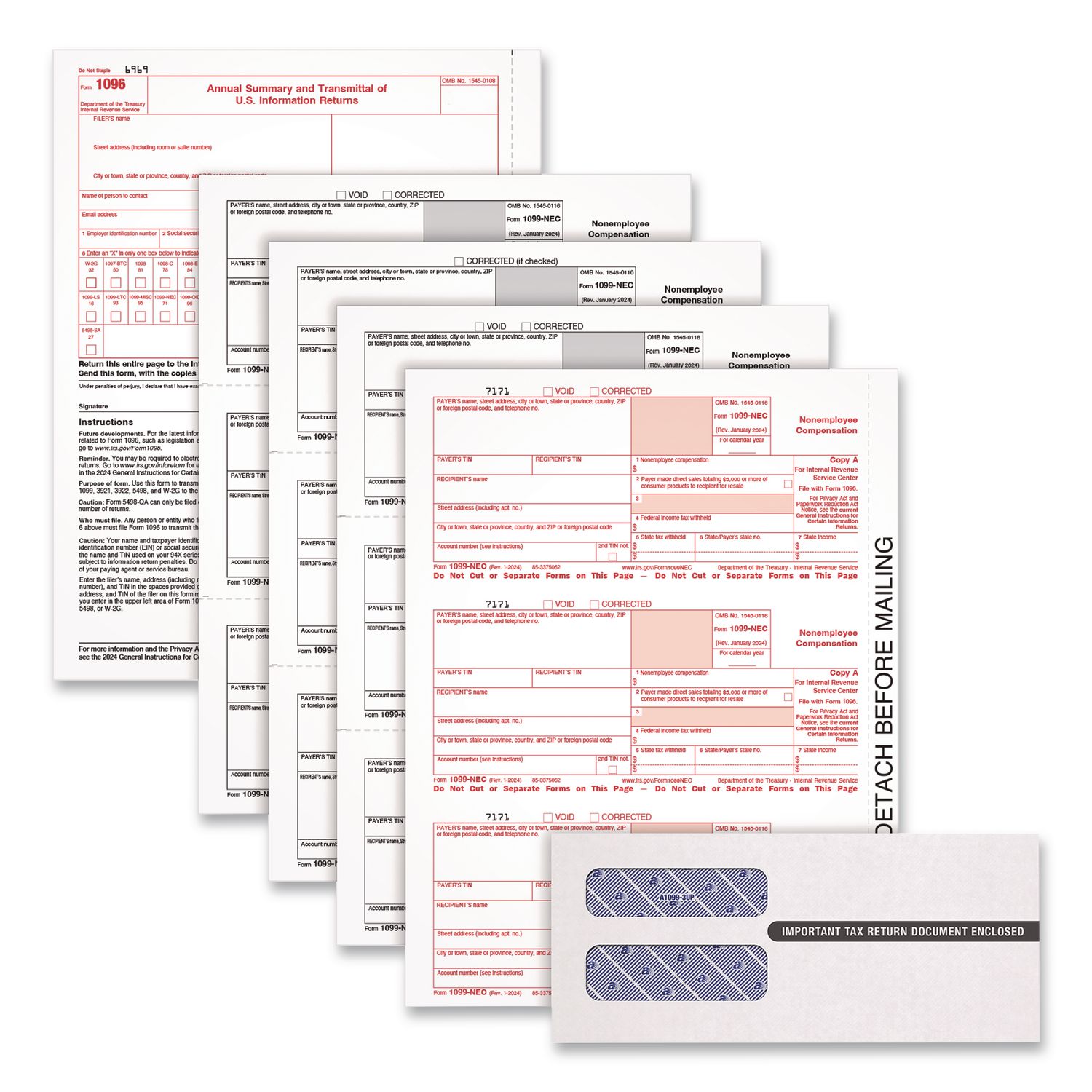 2024 1099-NEC 4-Part Laser/Inkjet Tax Forms with Envelopes and Software, 8.5 x 3.66, 3 Forms/Sheet, 50 Forms Total