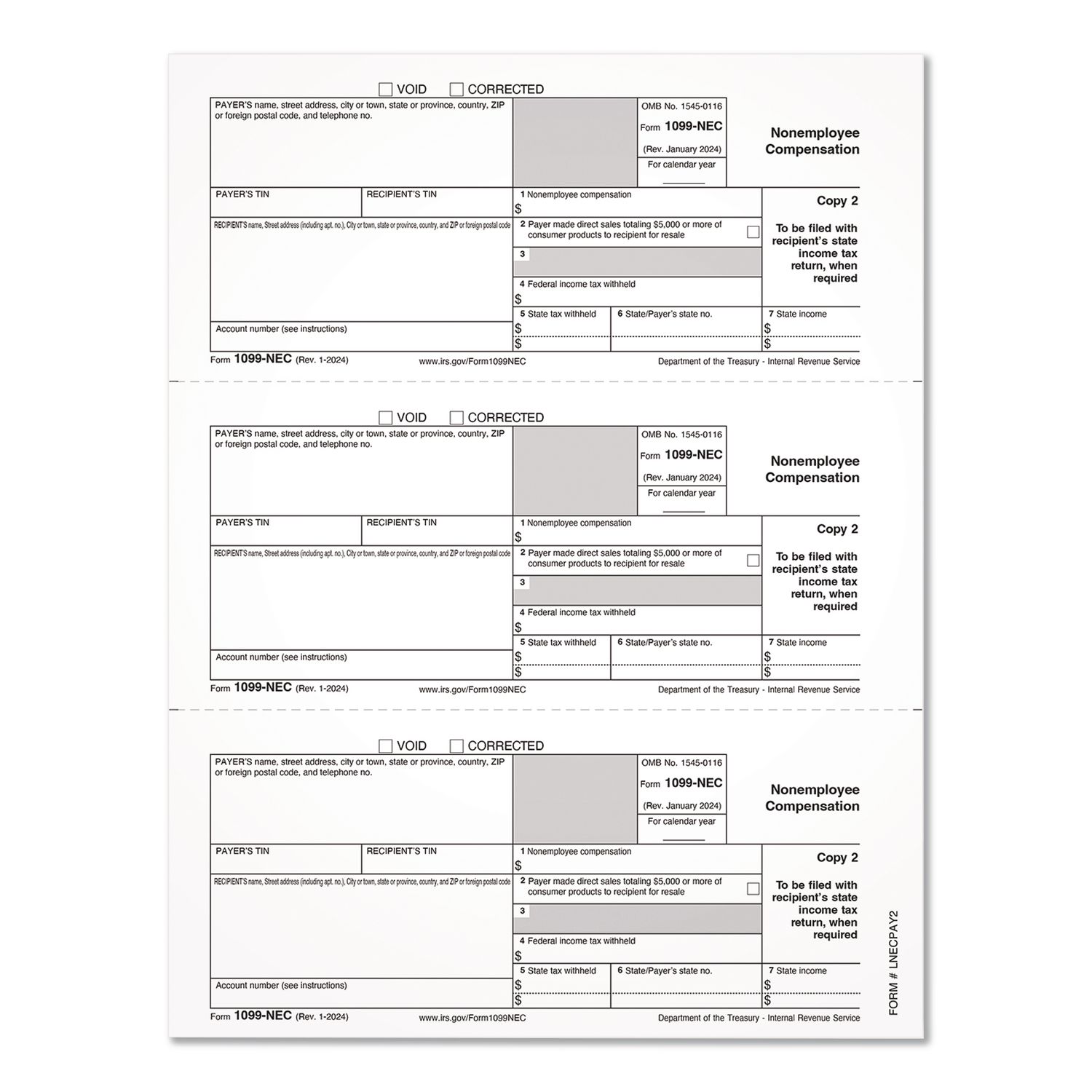 2024 1099-NEC Copy 1 or 2 Laser/Inkjet Tax Forms, 8.5 x 3.66, 3 Forms/Sheet, 150 Forms Total