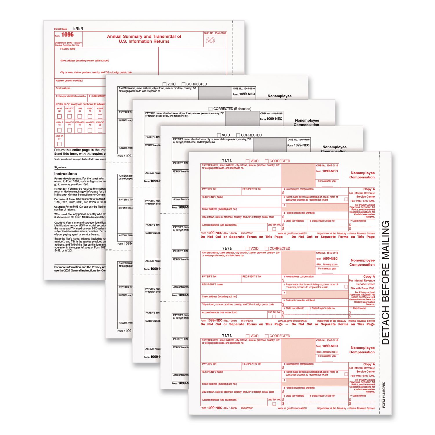 2024 1099-NEC 4-Part Laser/Inkjet Tax Forms, 8.5 x 3.66, 3 Forms/Sheet, 50 Forms Total