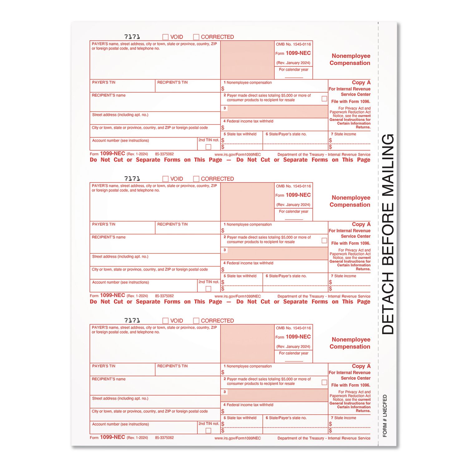 2024 1099-NEC Copy A Laser/Inkjet Tax Forms, 8.5 x 11.5, 3 Forms/Page, 150 Forms/Sheet