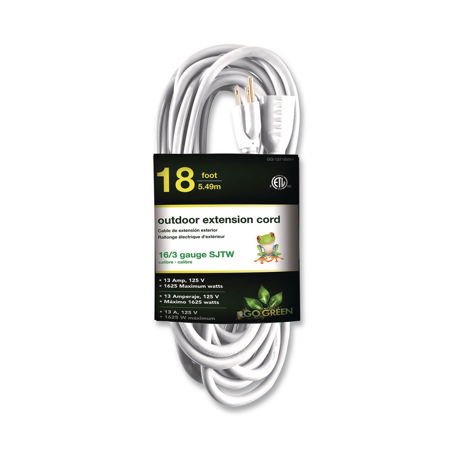 16 AWG Outdoor Extension Cord, 18 ft, 13 A, White