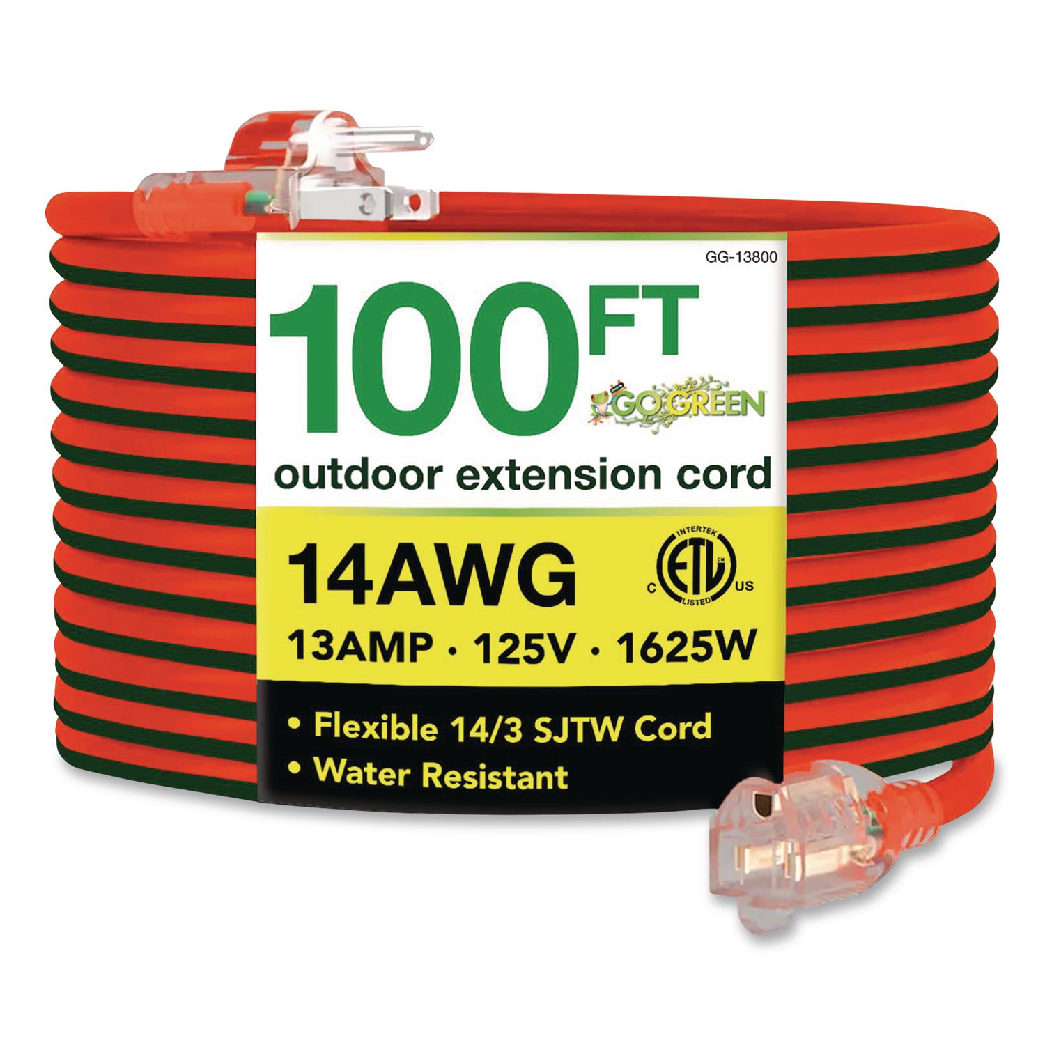 14 AWG Lighted End Heavy-Duty Extension Cord, 100 ft, 13 A, Orange/Black