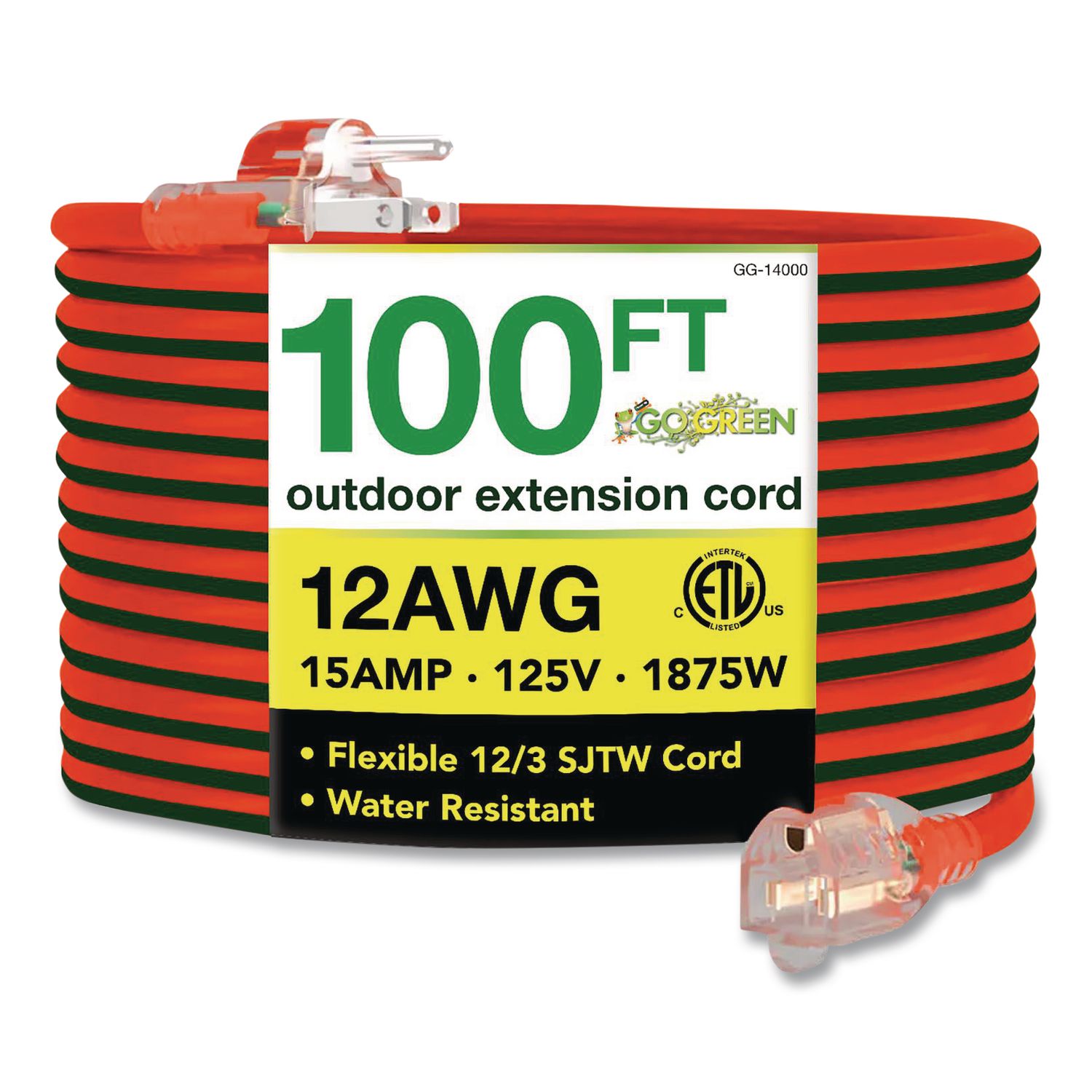12 AWG Lighted End Heavy-Duty Extension Cord, 100 ft, 15 A, Orange/Black