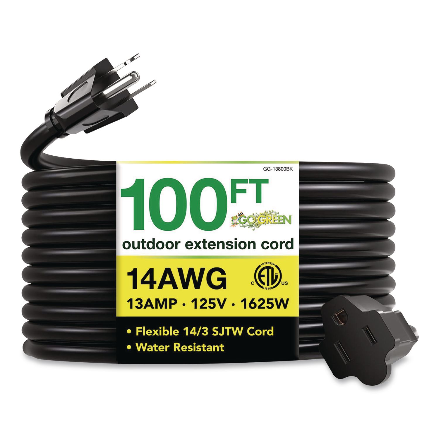14 AWG Heavy-Duty Extension Cord, 100 ft, 13 A, Black