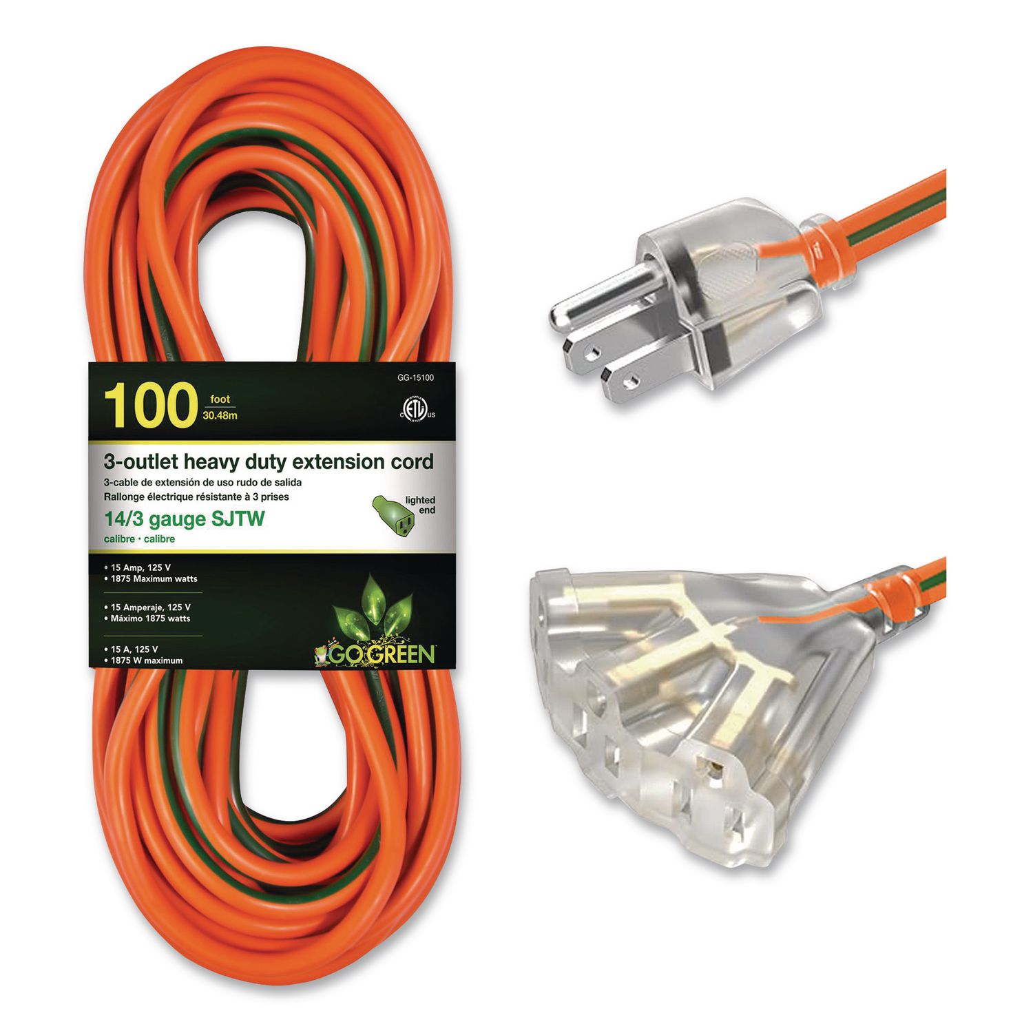 14 AWG 3-Outlet Heavy-Duty Extension Cord, 100 ft, 13 A, Orange