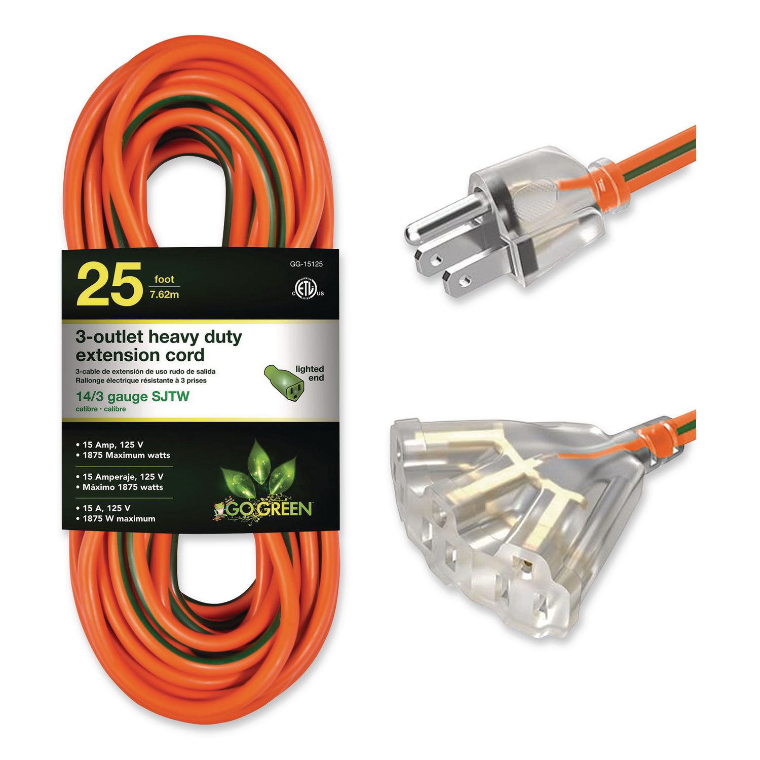 14 AWG 3-Outlet Heavy Duty Extension Cord, 25 ft, 15 A, Orange