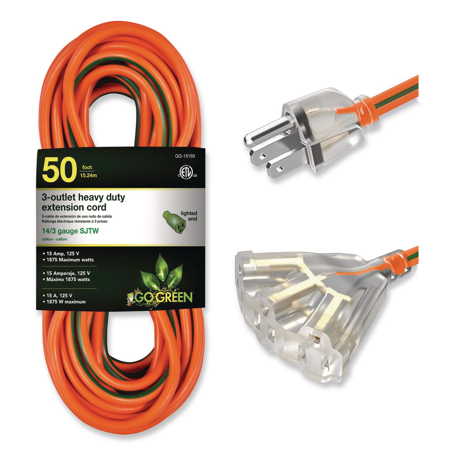 14 AWG 3-Outlet Heavy-Duty Extension Cord, 50 ft, 15 A, Orange