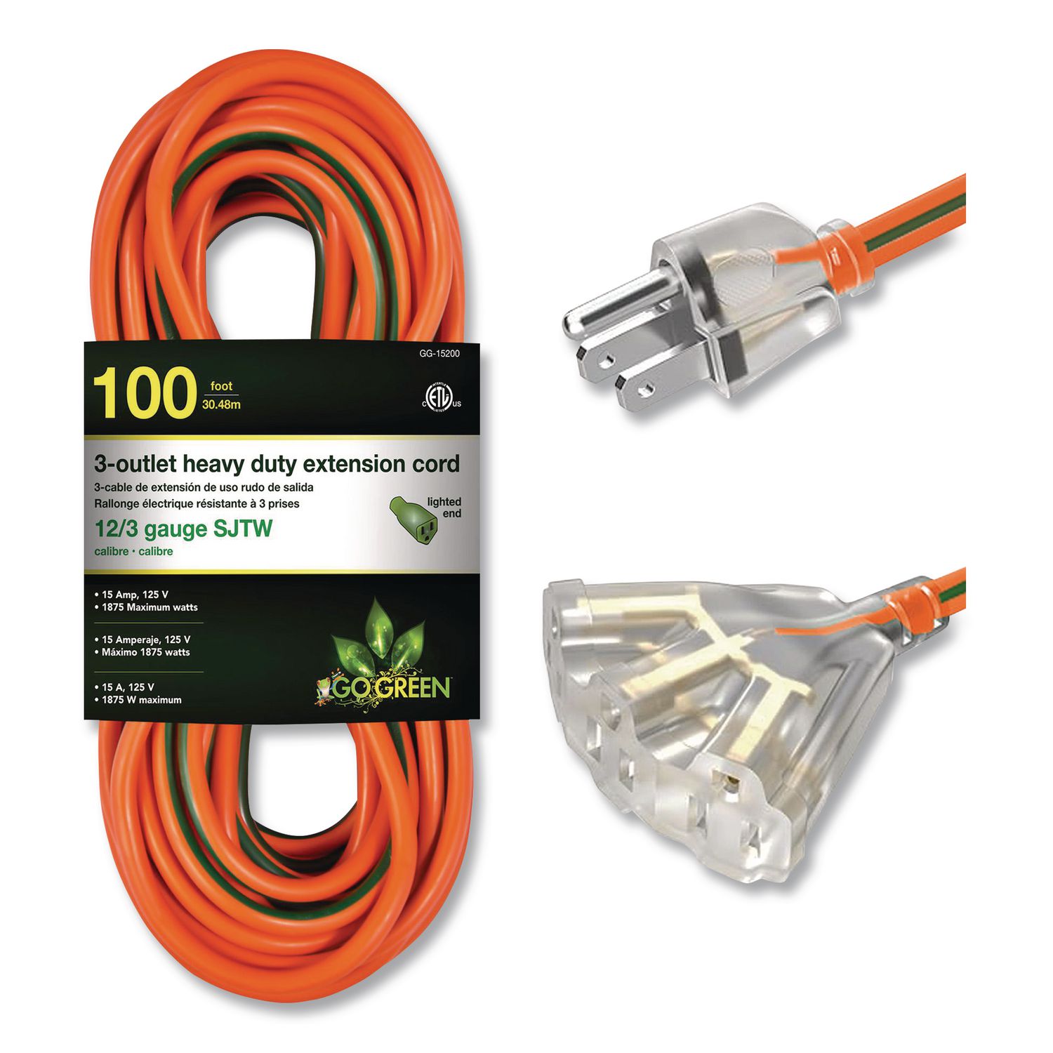 12 AWG 3-Outlet Heavy-Duty Extension Cord, 100 ft, 15 A, Orange