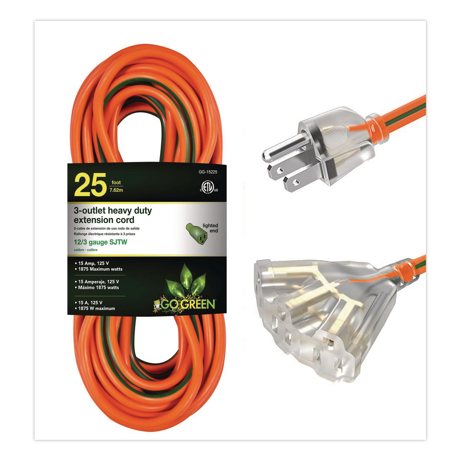 12 AWG 3-Outlet Heavy-Duty Extension Cord, 25 ft, 15 A, Orange