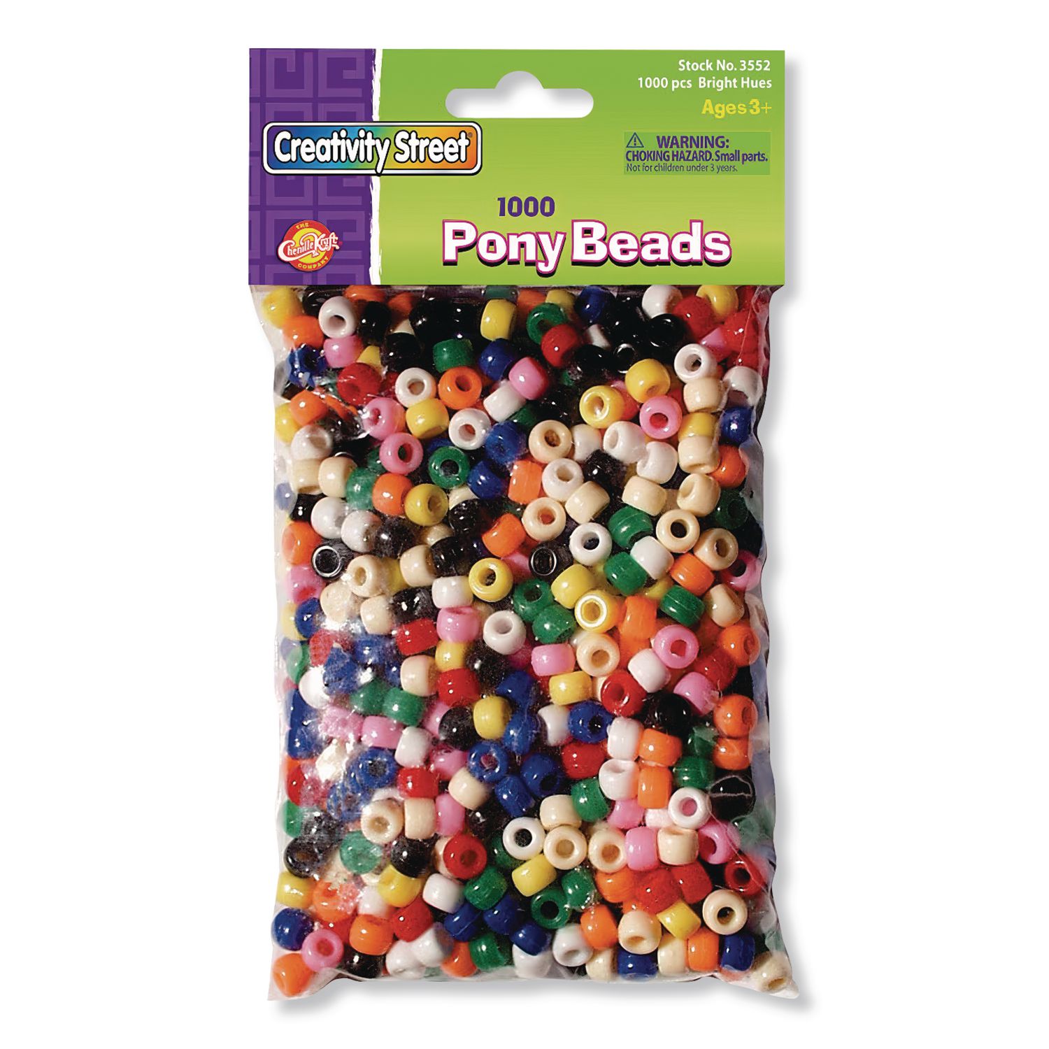 Pony Beads, Plastic, 0.24" x 0.35", Assorted Bright Hues, 1,000/Pack