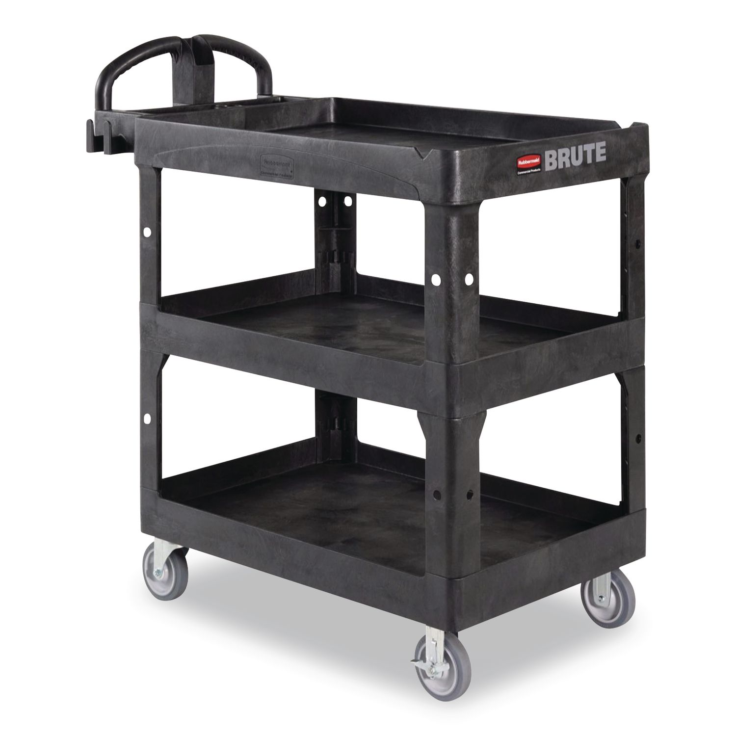 BRUTE 3-Shelf Heavy-Duty Ergo Lipped Utility Cart, Resin, 3 Shelves, 600 lb Capacity, 25.24" x 44" x 47", Black