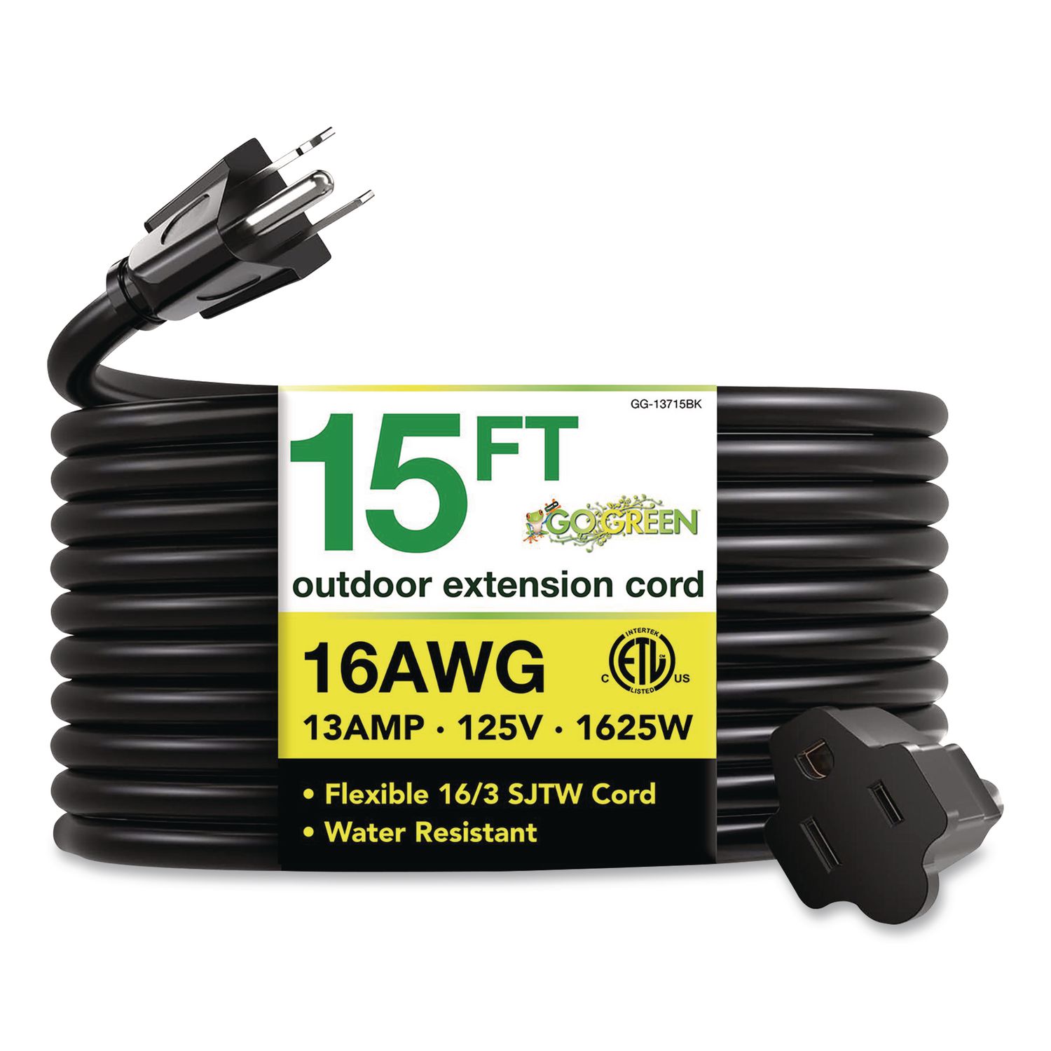 16 AWG Outdoor Extension Cord, 15 ft, 13 A, Black