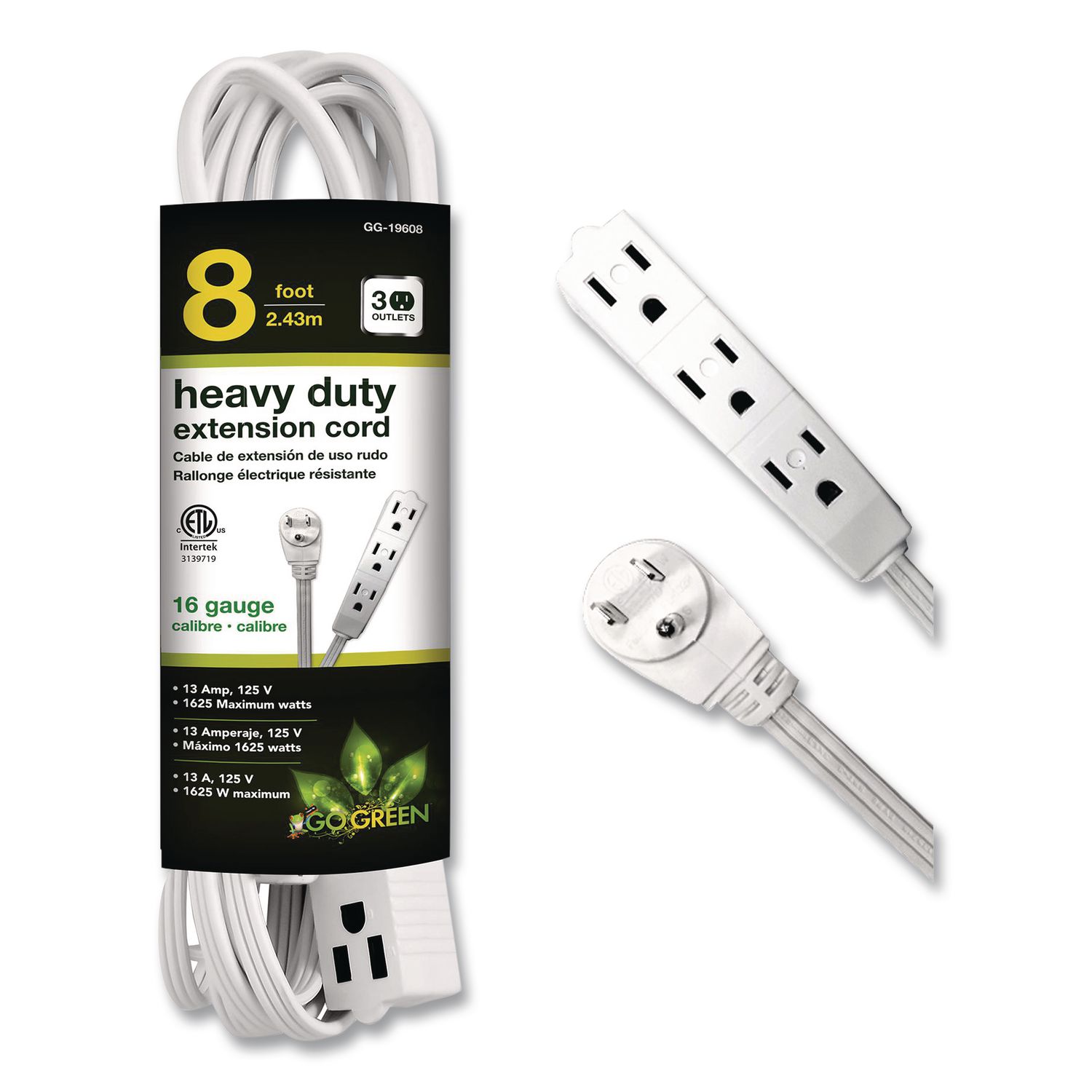 3 Outlet Indoor Extension Cord, 8 ft, 13 A, White