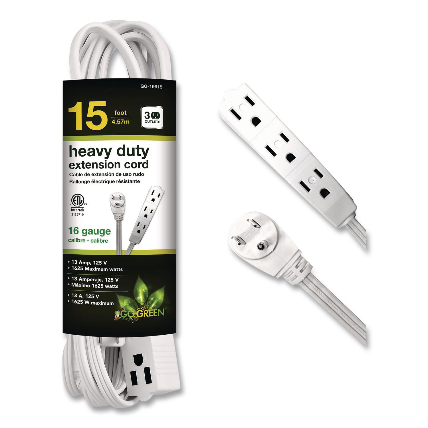 3 Outlet Indoor Extension Cord, 15 ft, 13 A, White