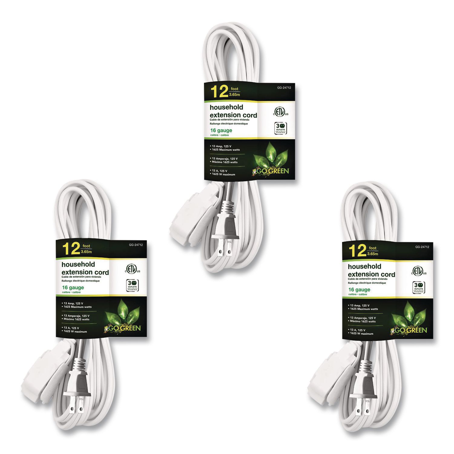 Household Extension Cord, 12 ft, 13 A, White, 3/Pack