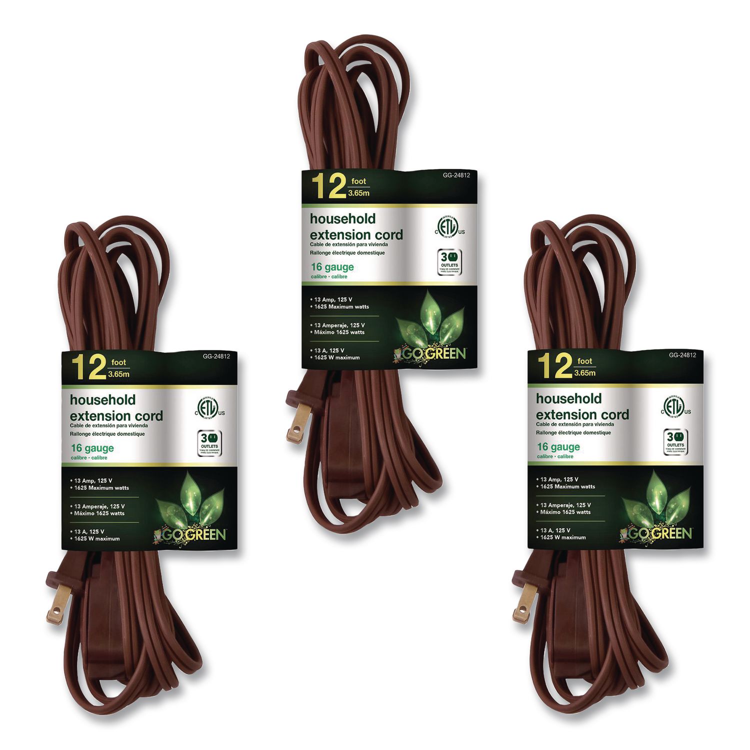 Household Extension Cord, 12 ft, 13 A, Brown, 3/Pack