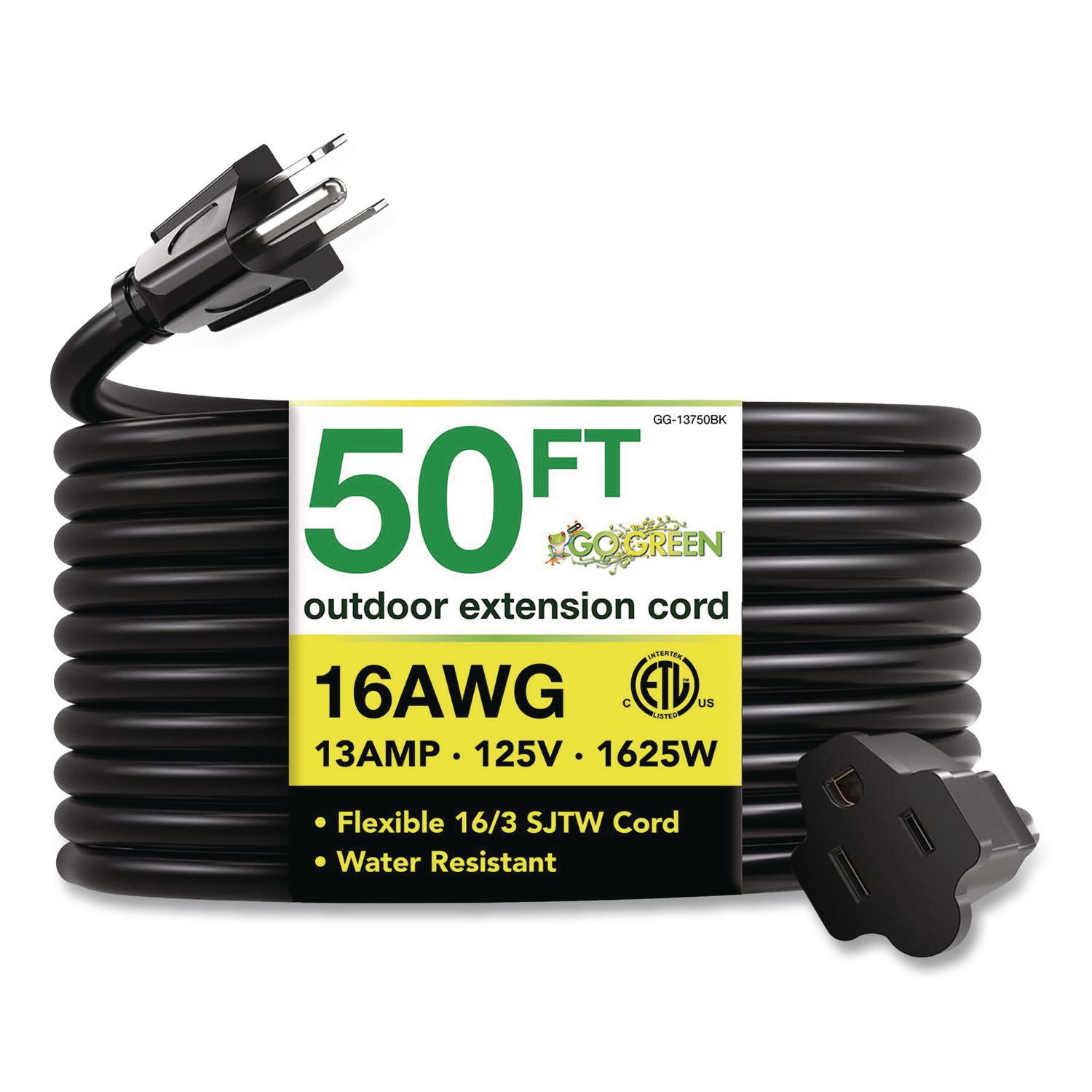 16 AWG Outdoor Extension Cord, 50 ft, 13 A,  Black