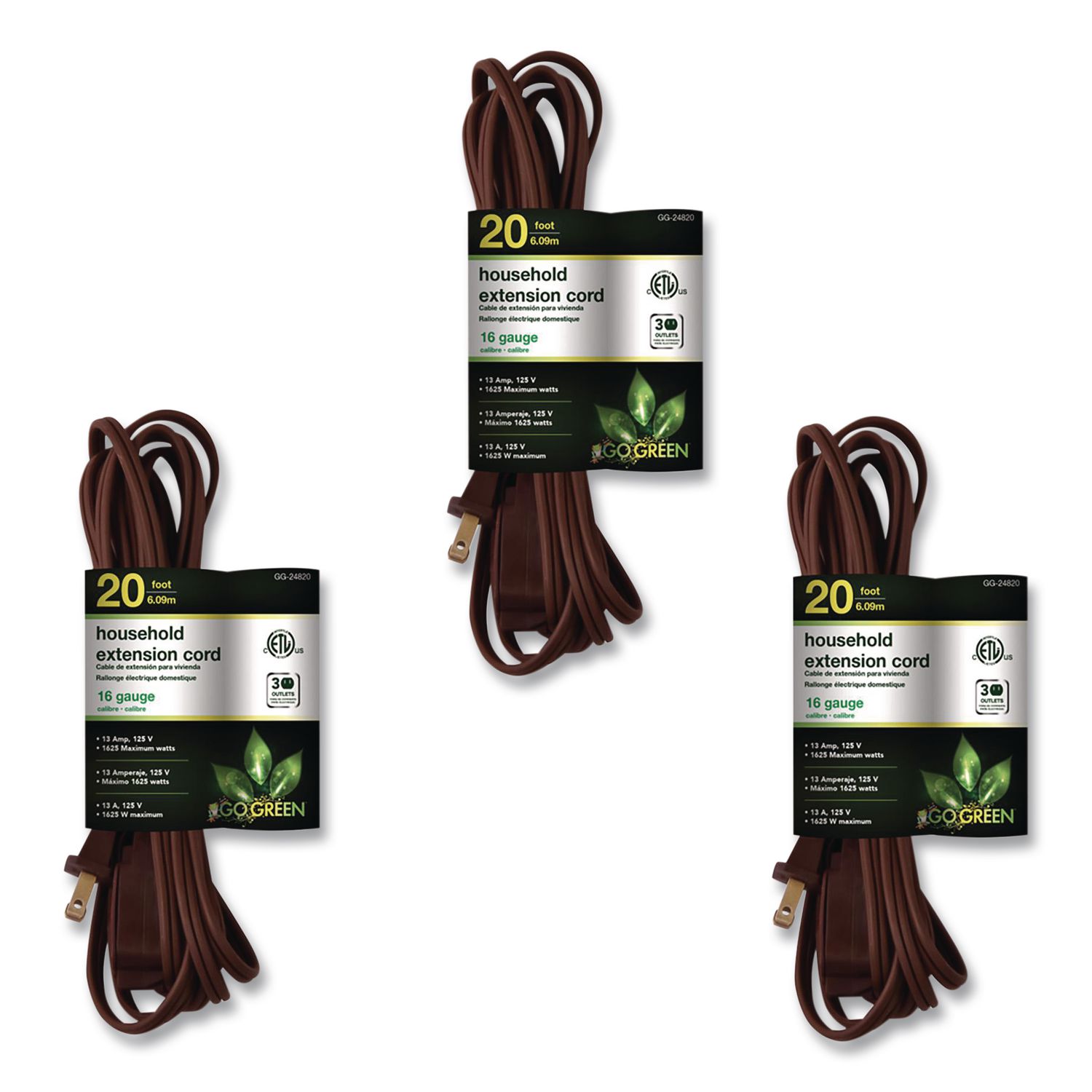 Household Extension Cord, 20 ft, 13 A, Brown, 3/Pack