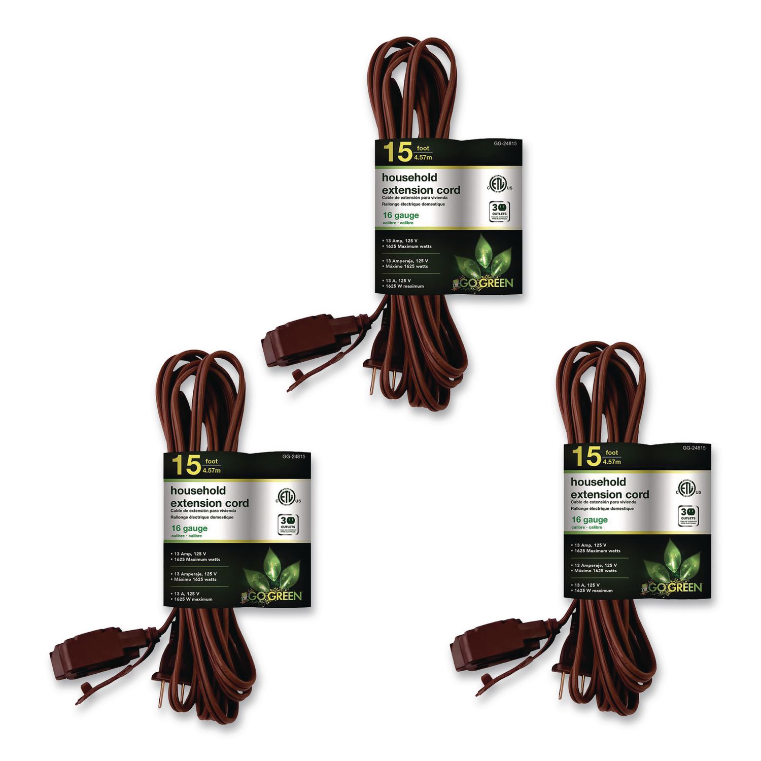 Household Extension Cord, 15 ft, 13 A, Brown, 3/Pack