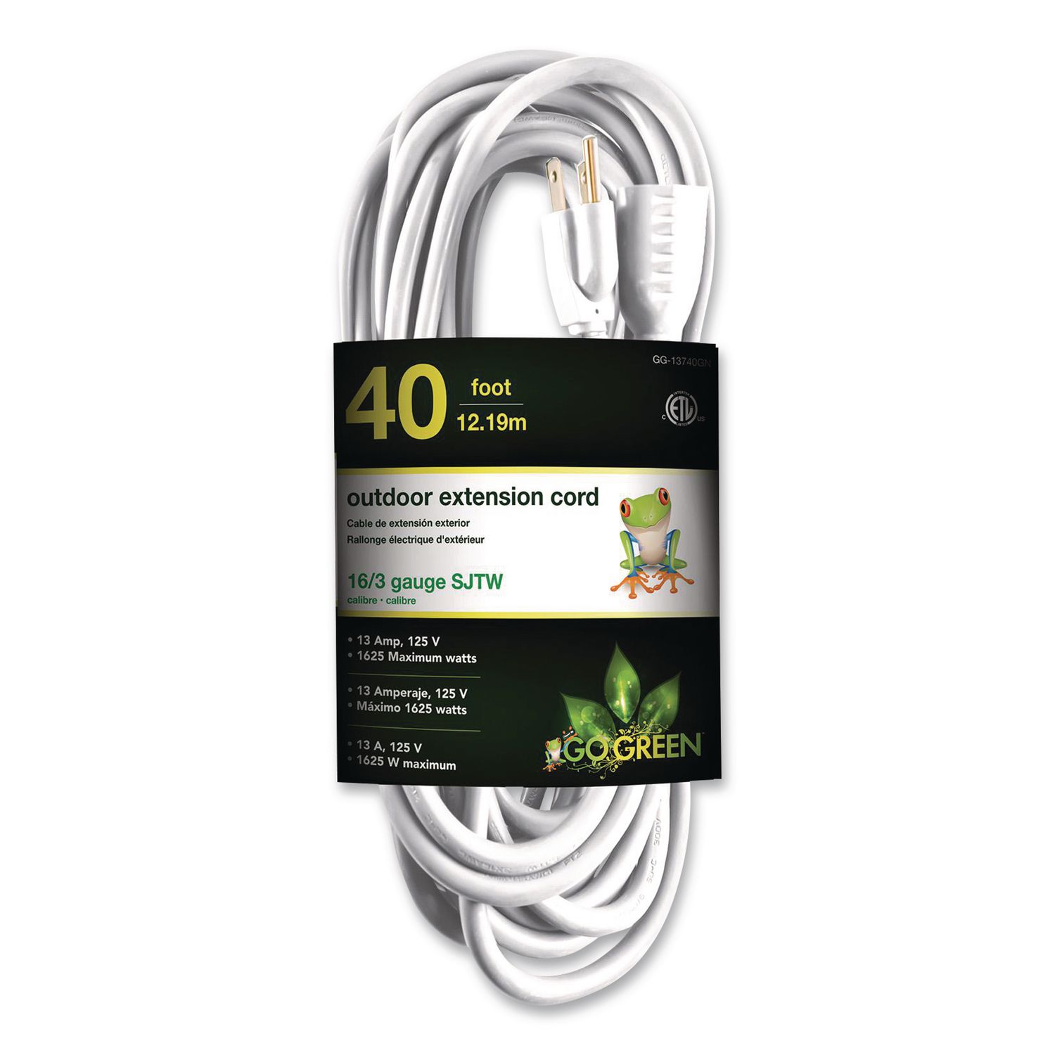 16 AWG Outdoor Extension Cord, 40 ft, 13 A, White
