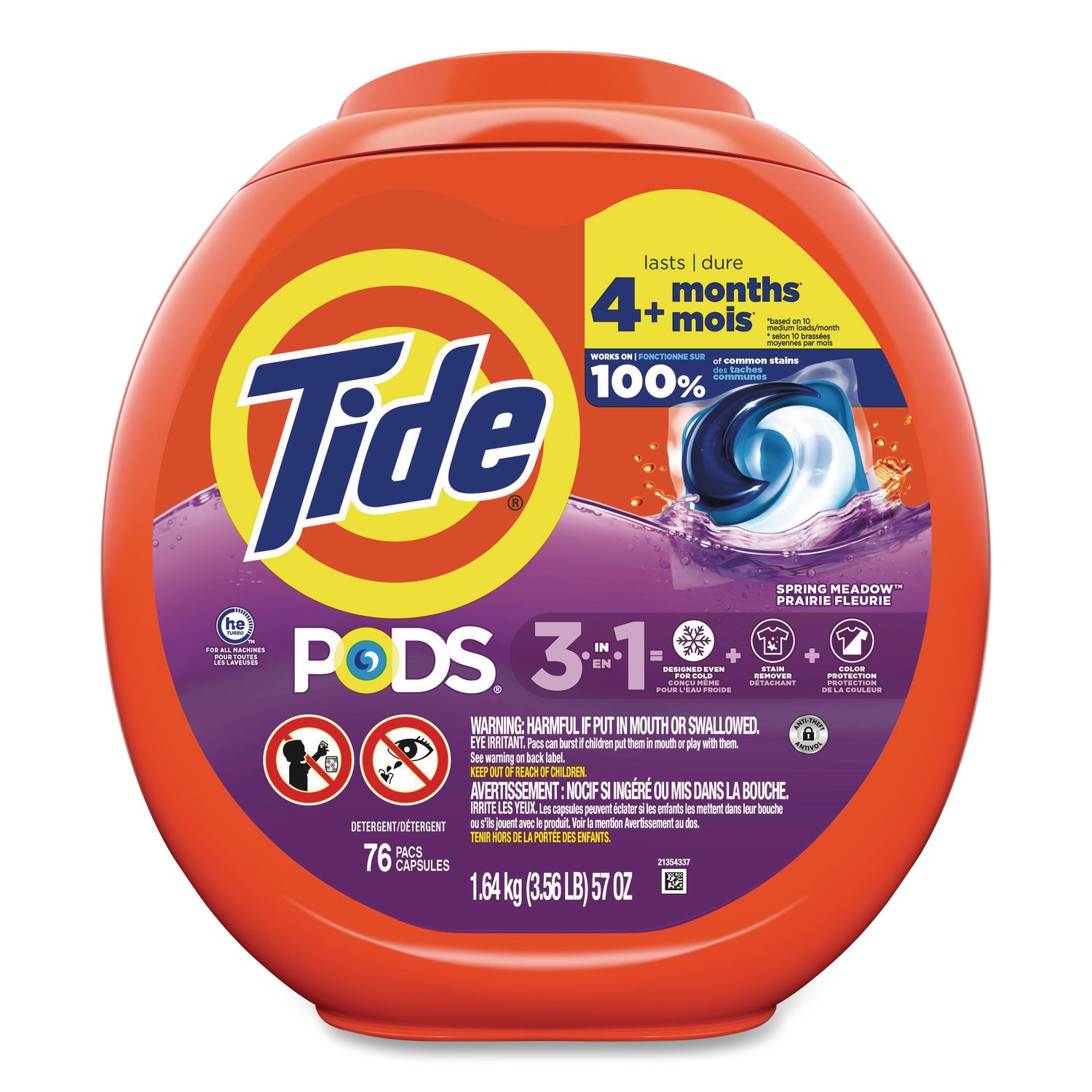PODS Laundry Detergent, HE Compatible, Spring Meadow, 57 oz Tub, 76 Pacs/Tub
