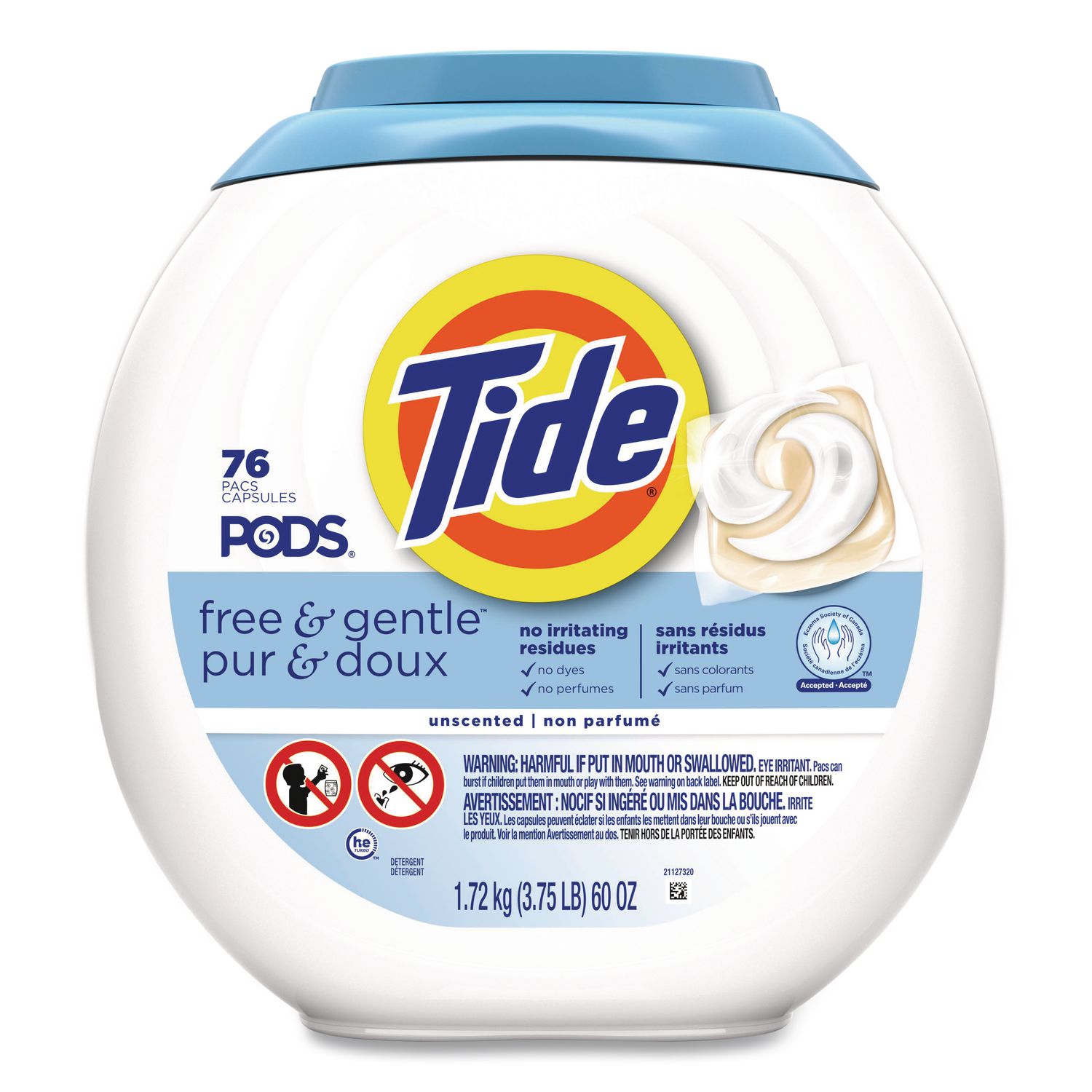 PODS Laundry Detergent, HE Compatible, Free and Gentle, 56 oz Tub, 76 Pacs/Tub