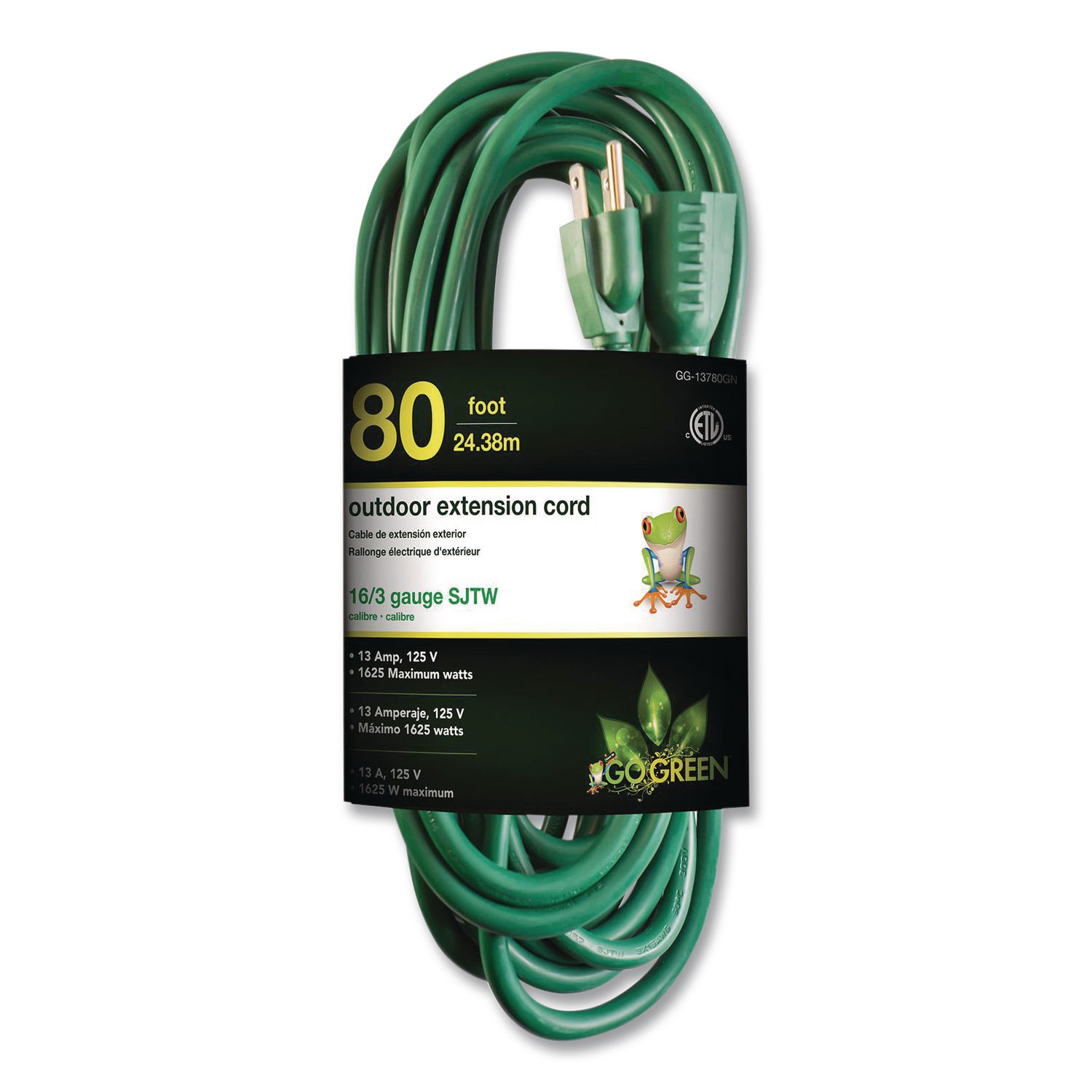 16 AWG Outdoor Extension Cord, 80 ft, 10 A, Green