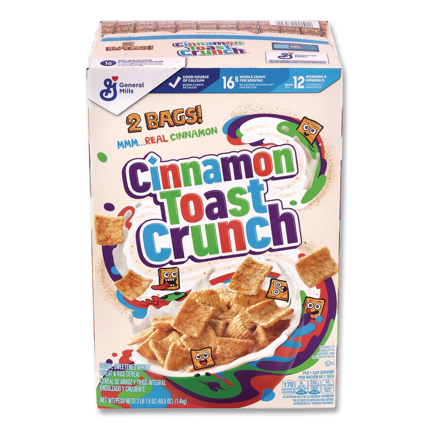 Cereal, Cinnamon, 2 Bags/Box, 49.5 oz Box