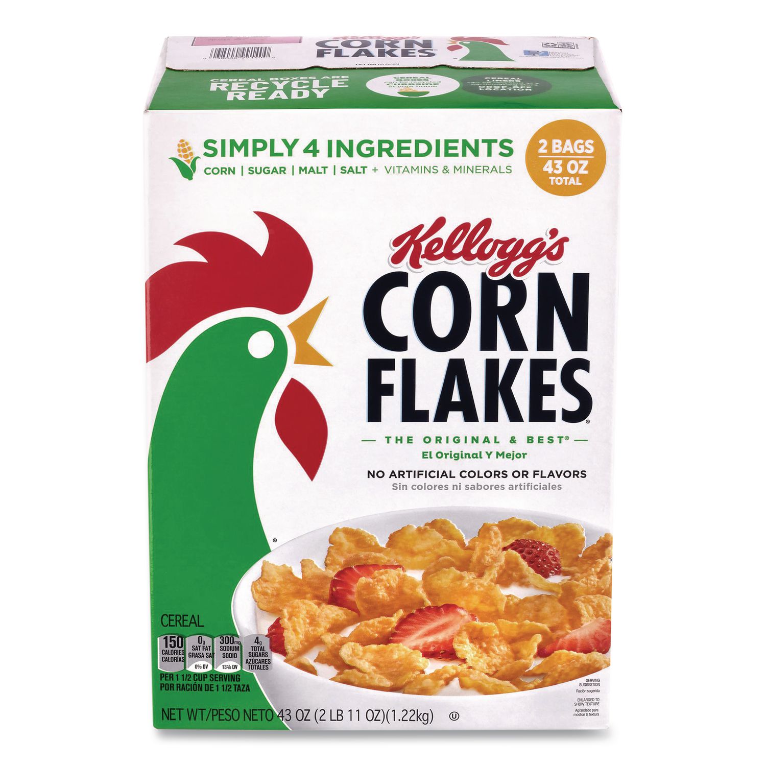 Corn Flakes Cereal,  2 Bags/Box,  43 oz Box