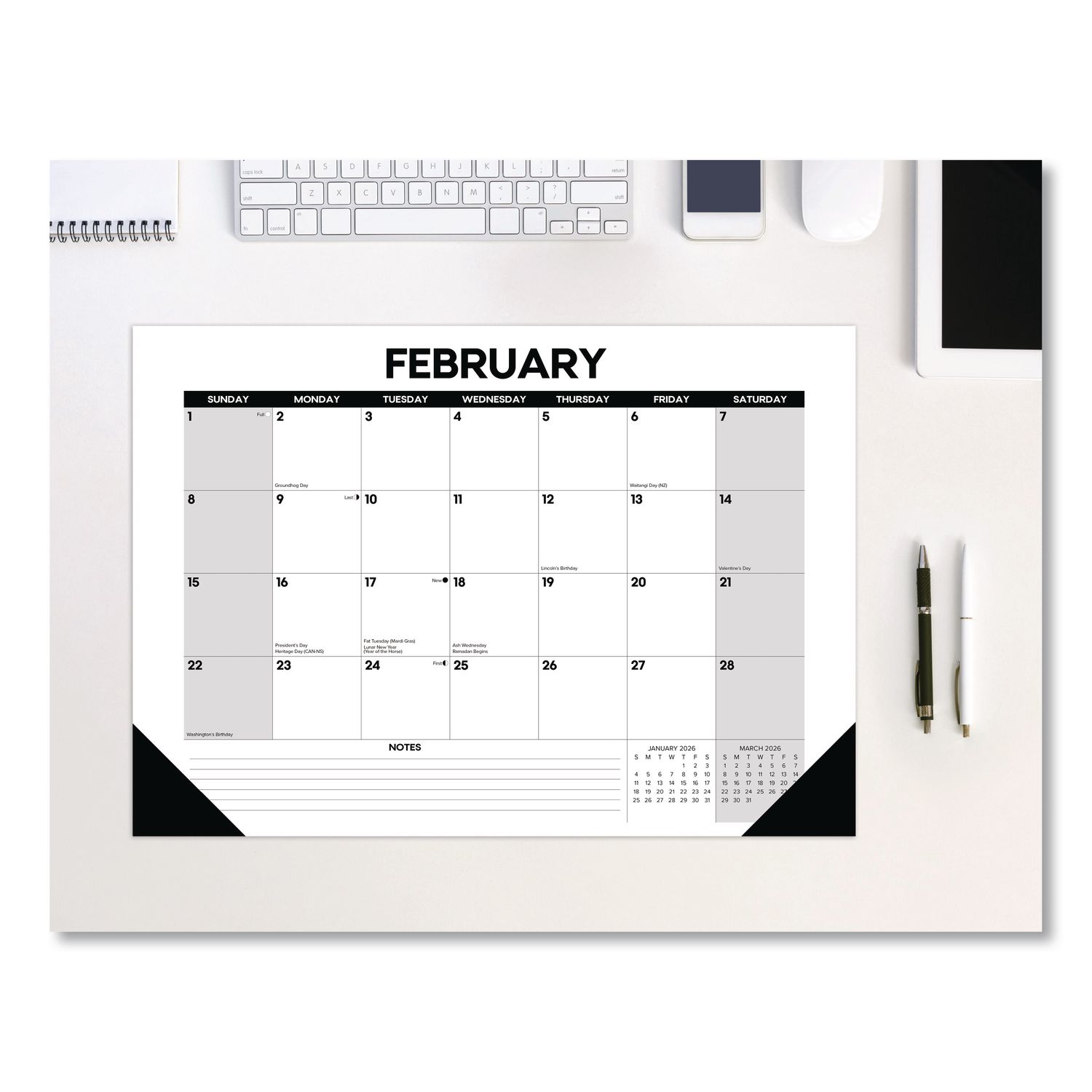 Basic Small Monthly Desk Pad Calendar, 17 x 12, White/Gray/Black Sheets, Black Headband/Corners, 12-Month (Jan to Dec) 2026