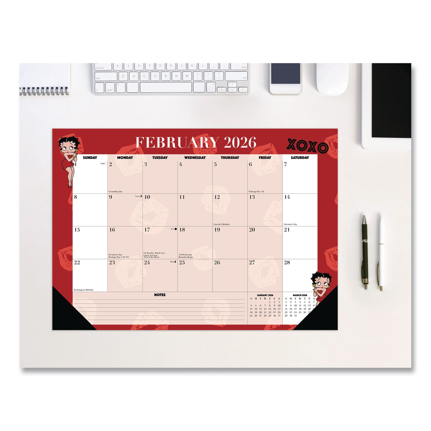 Betty Boop Small Monthly Desk Pad Calendar, 17 x 12, Red/White Sheets, Black Headband, Black Corners, 12-Month (Jan-Dec) 2026