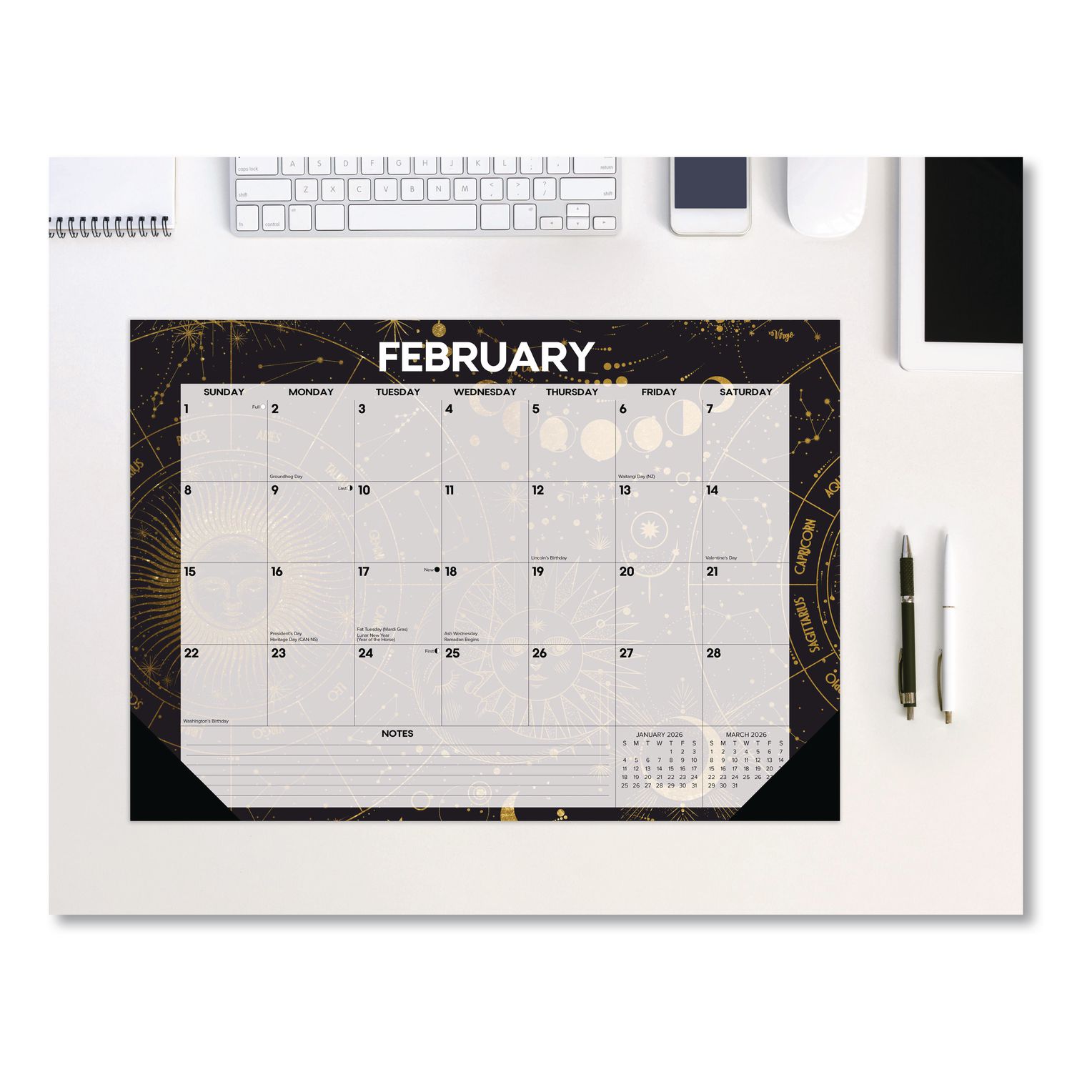 Celestial Small Monthly Desk Pad Calendar, 17 x 12, Black/Gold/Gray Sheets, Black Headband/Corners, 12-Month (Jan-Dec) 2026