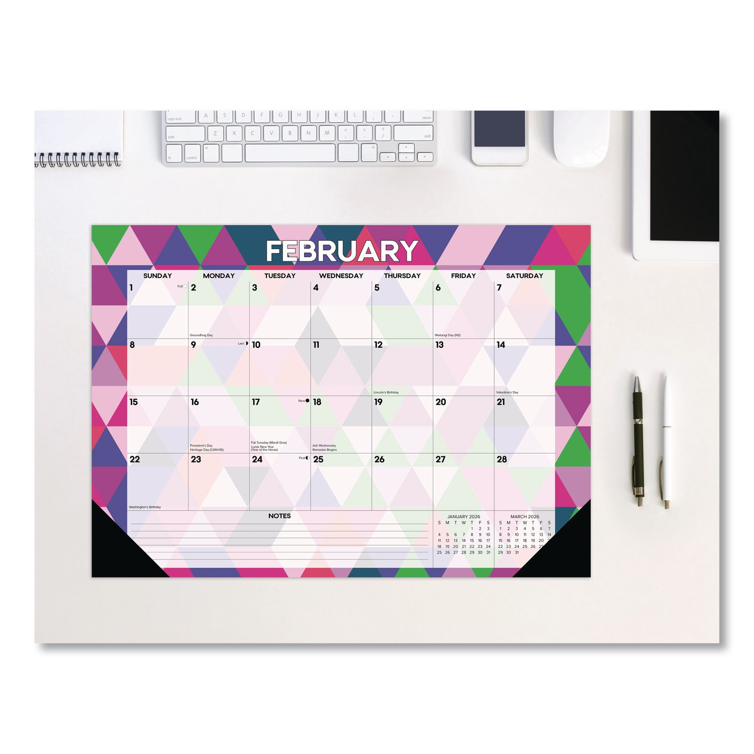 Modern Small Geometric Monthly Desk Pad Calendar, 17 x 12, Multicolor Sheets, Black Headband/Corners, 12-Month (Jan-Dec) 2026