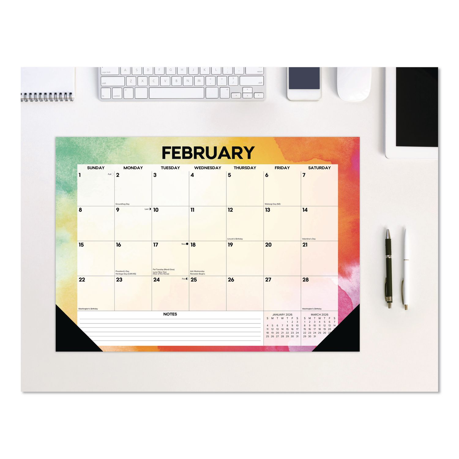 Rainbow Gradient Small Monthly Desk Pad Calendar, 17 x 12, White Sheets, Black Headband/Corners, 12-Month (Jan to Dec): 2026