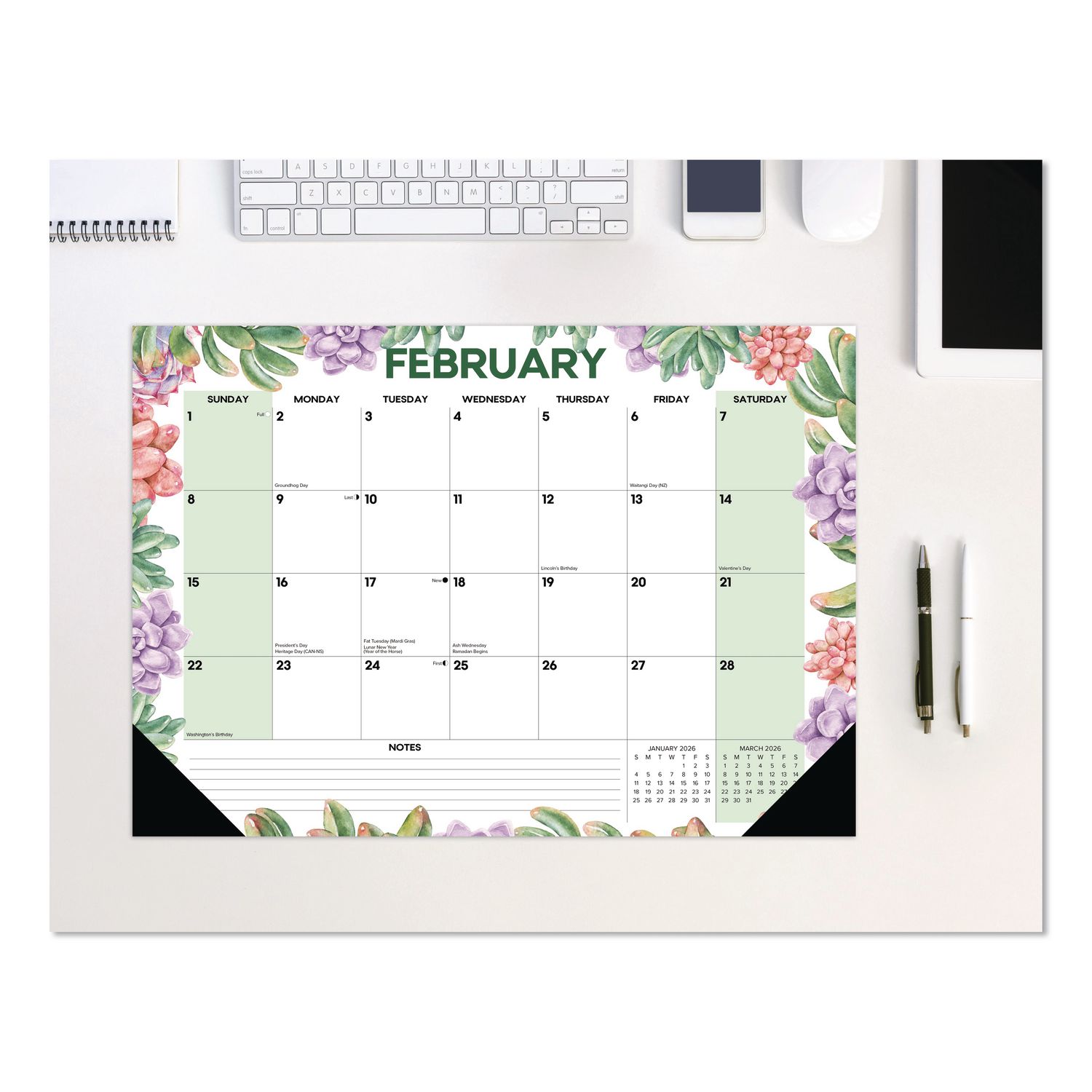 Succulents Small Monthly Desk Pad Calendar, 17 x 12, White Sheets, Black Headband/Corners, 12-Month (Jan to Dec): 2026