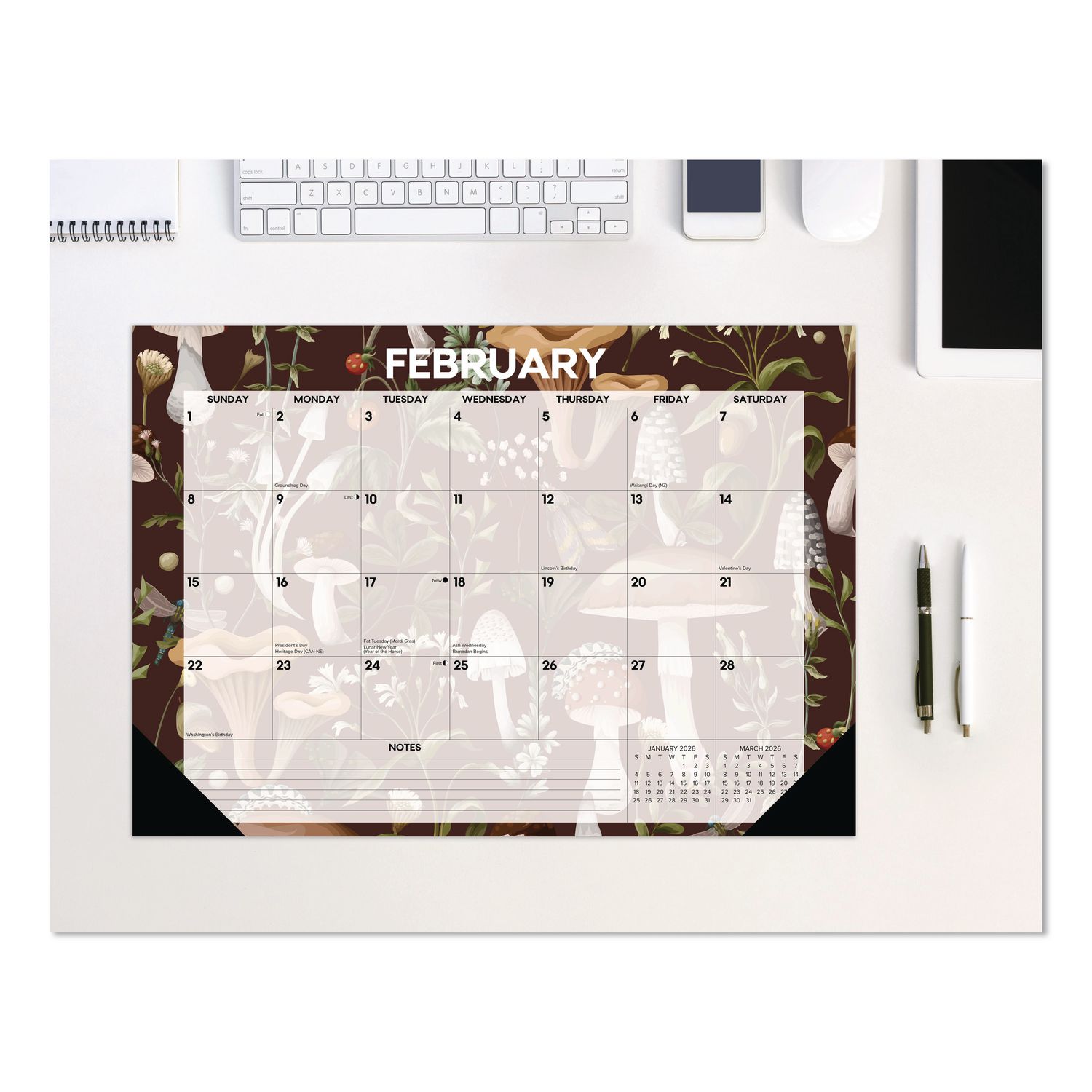 Woodland Mushroom Small Monthly Desk Pad Calendar, 17 x 12, White Sheets, Black Headband/Corners, 12-Month (Jan to Dec): 2026