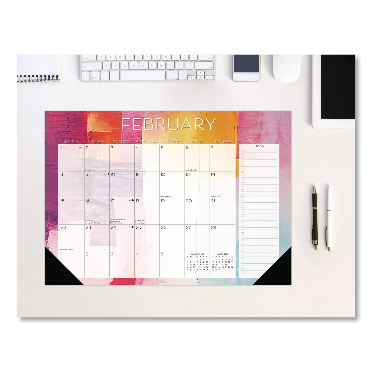 Abstract Art Small Monthly Desk Pad Calendar, 17x12, White/Multicolor Sheets, Black Headband/Corners, 12-Month (Jan-Dec) 2026