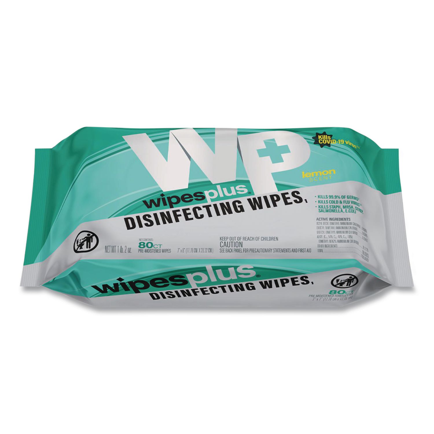 WipesPlus Disinfecting Surface Wipes, Flat Pack, 1-Ply, 7 x 8, Lemon, White, 80 Wipes/Refill Pack, 12 Packs/Carton