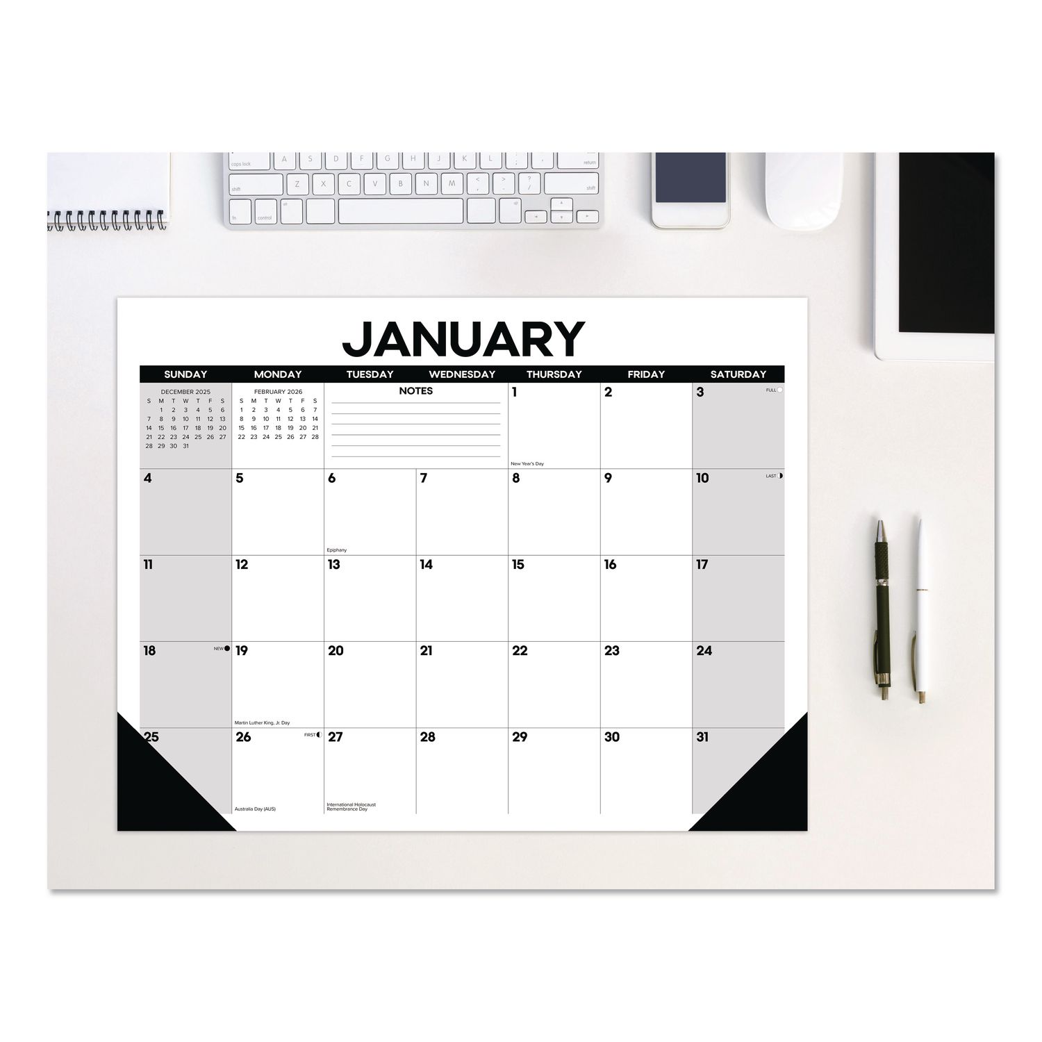 Basic Large Monthly Desk Pad Calendar, 22 x 17, White/Gray/Black Sheets, Black Headband/Corners, 12-Month (Jan to Dec) 2026