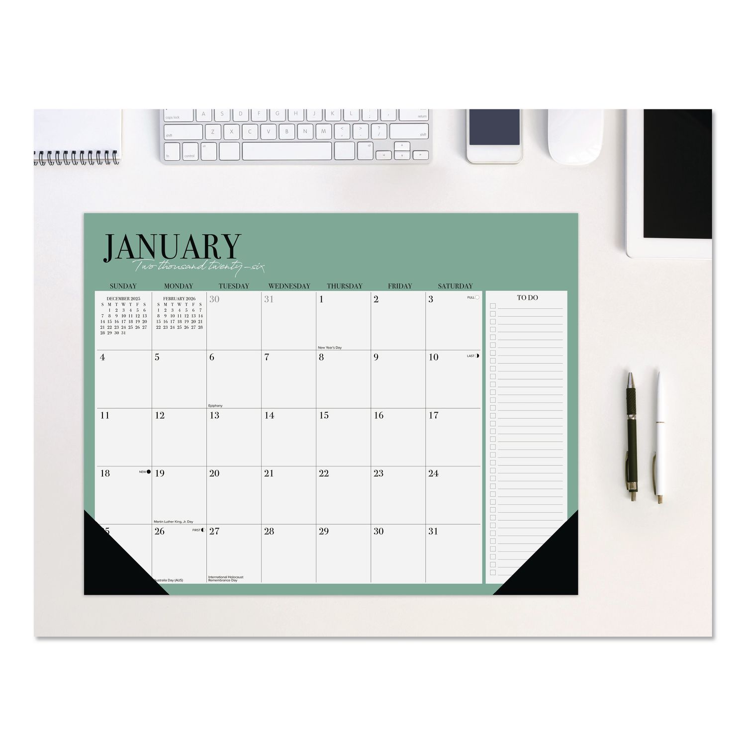 Modern Minimalist Large Monthly Desk Pad Calendar, 22x17, White/Teal Sheets, Black Headband/Corners, 12-Month (Jan-Dec) 2026