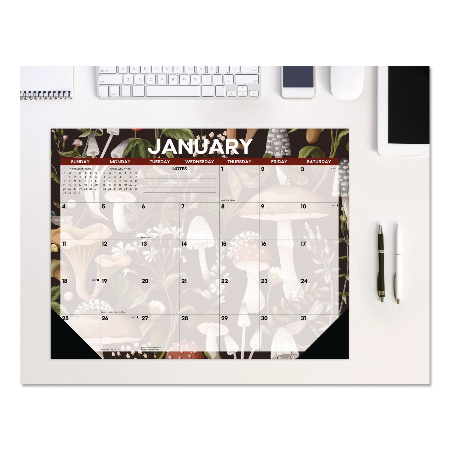 Mushrooms Large Monthly Desk Pad Calendar, 22 x 17, Multicolor Sheets, Black Headband/Corners, 12-Month (Jan to Dec) 2026