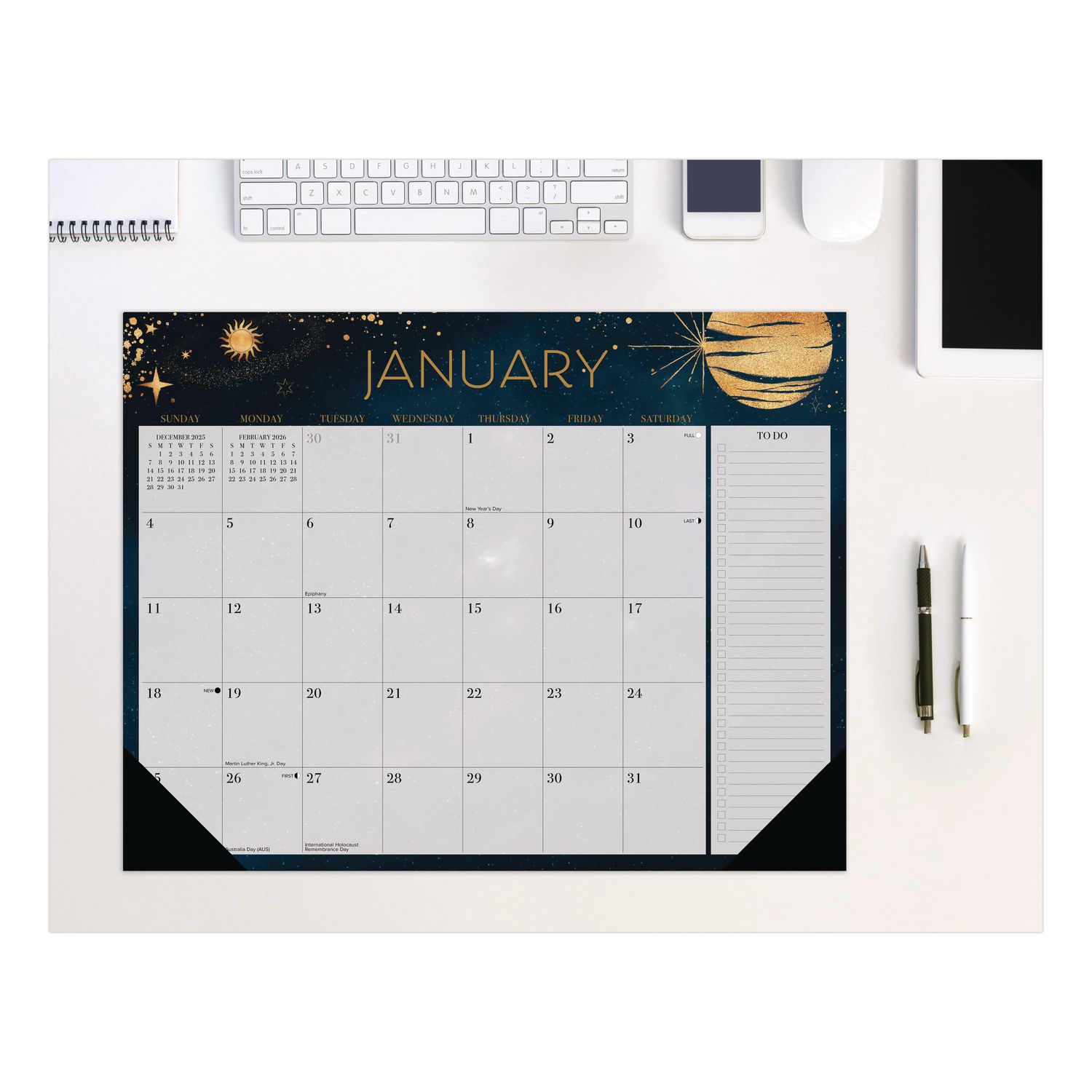 Moon Magic Large Monthly Desk Pad Calendar, 22 x 17, Gray/Black/Gold Sheets, Black Headband/Corners, 12-Month (Jan-Dec) 2026