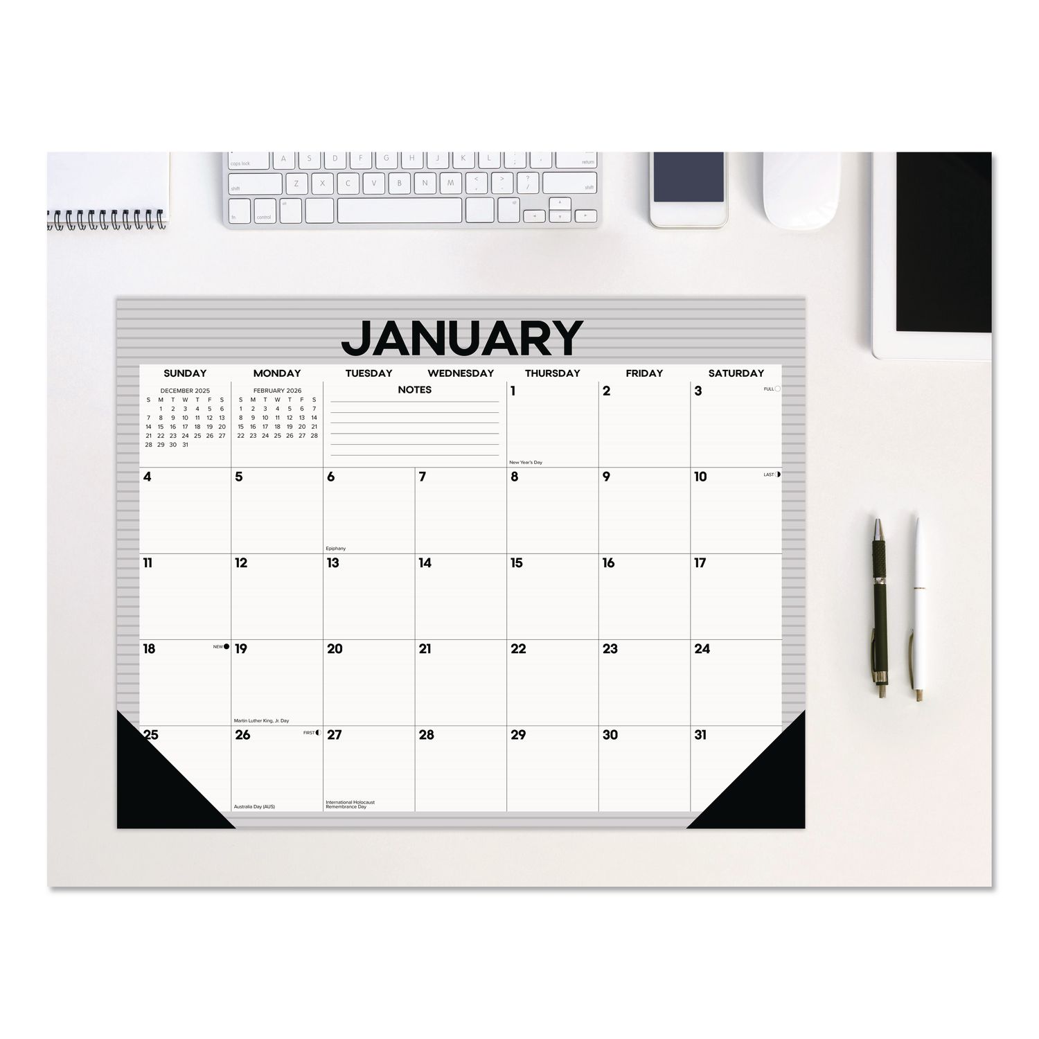 Perfect Pinstripe Large Monthly Desk Pad Calendar, 22x17, White/Gray Sheets, Black Headband/Corners, 12-Month (Jan-Dec) 2026